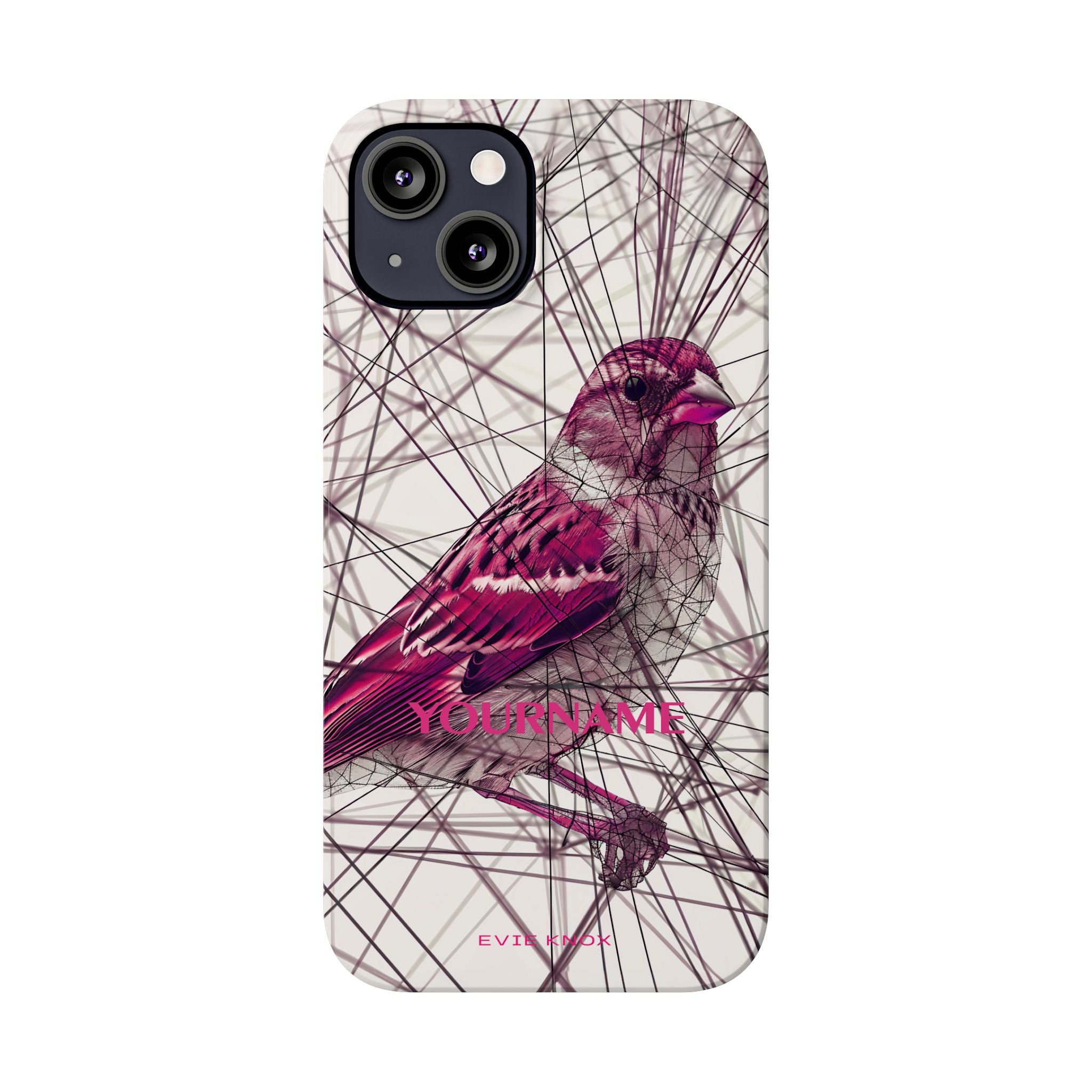 Pink Finch Bird Illustration on Abstract Line Background - Slim Phone Case