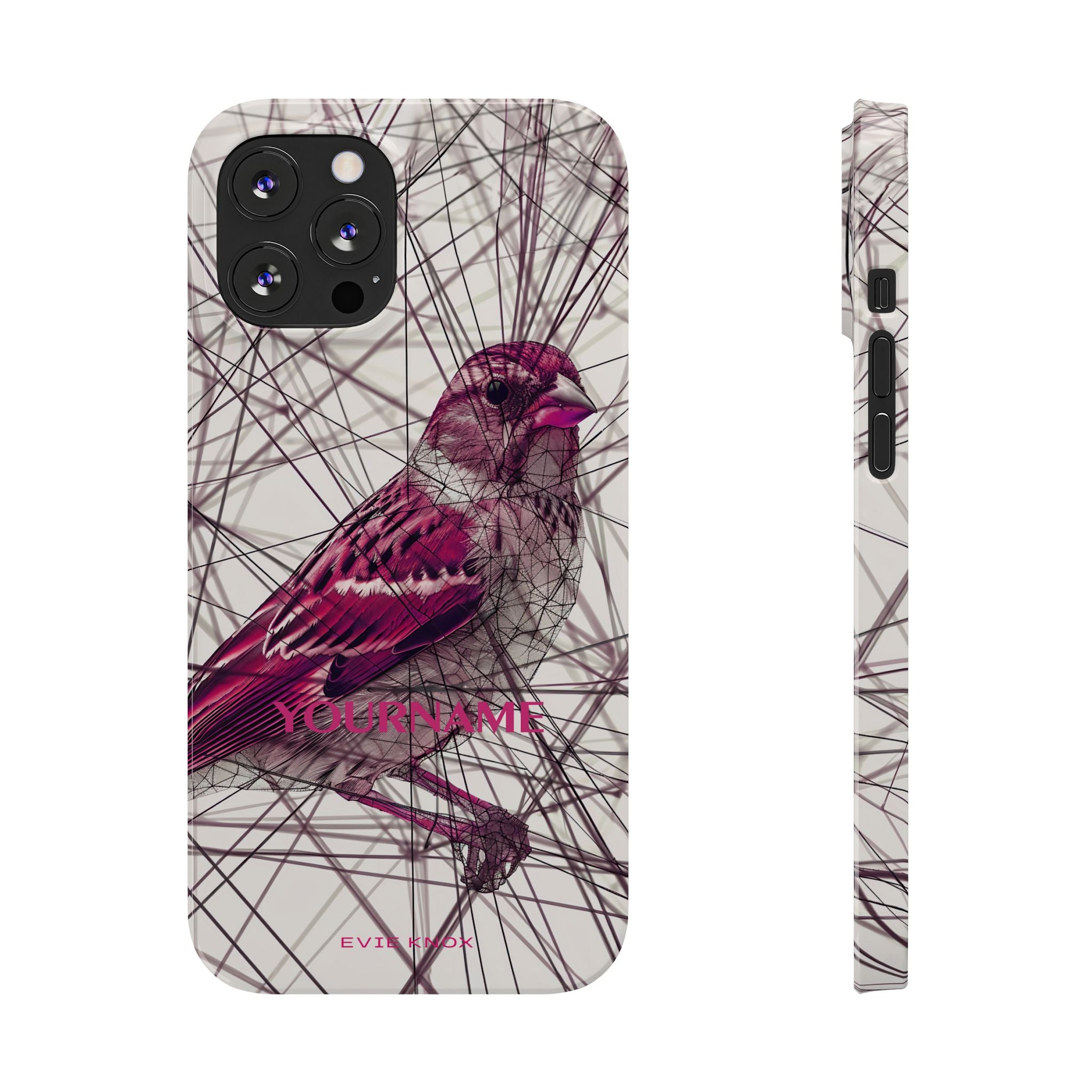 Pink Finch Bird Illustration on Abstract Line Background - Slim Phone Case