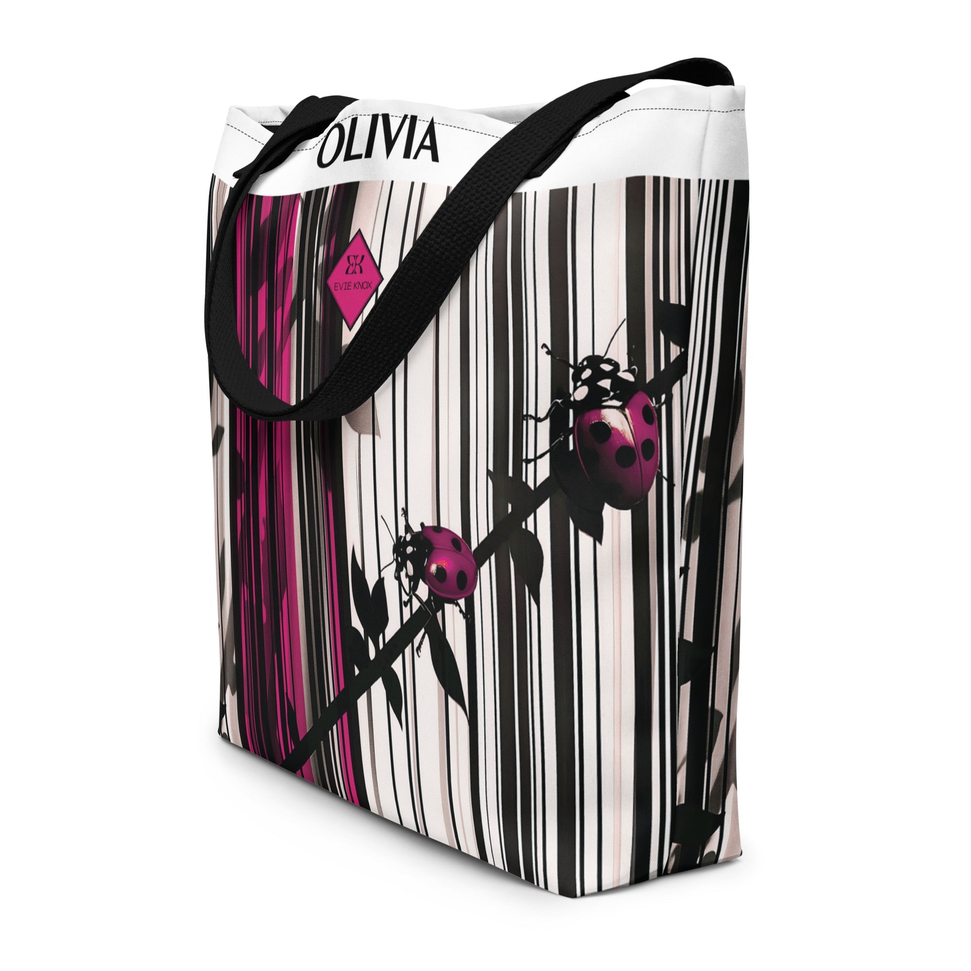 Ladybugs On Stripes Large Tote Bag