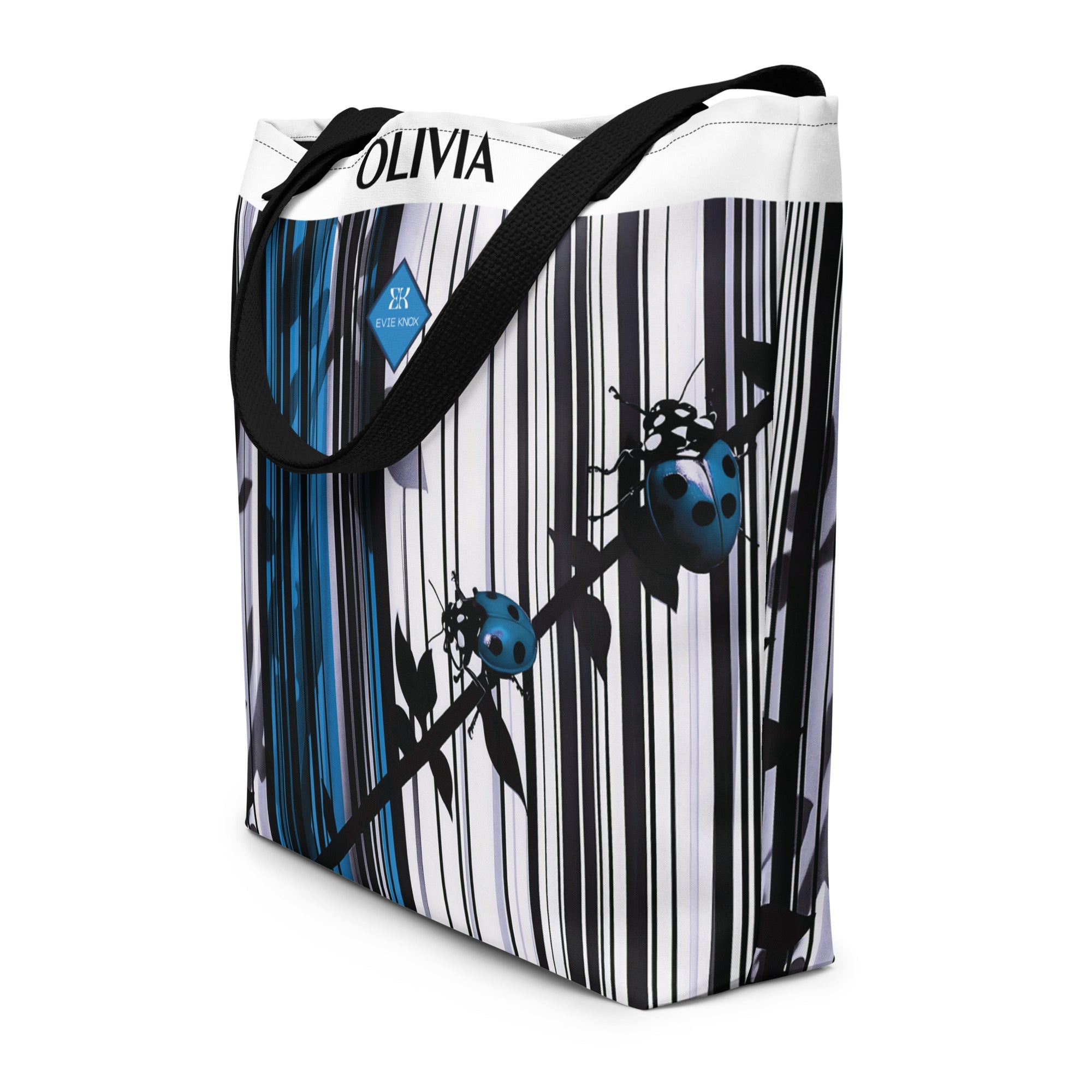 Ladybugs On Stripes Large Tote Bag
