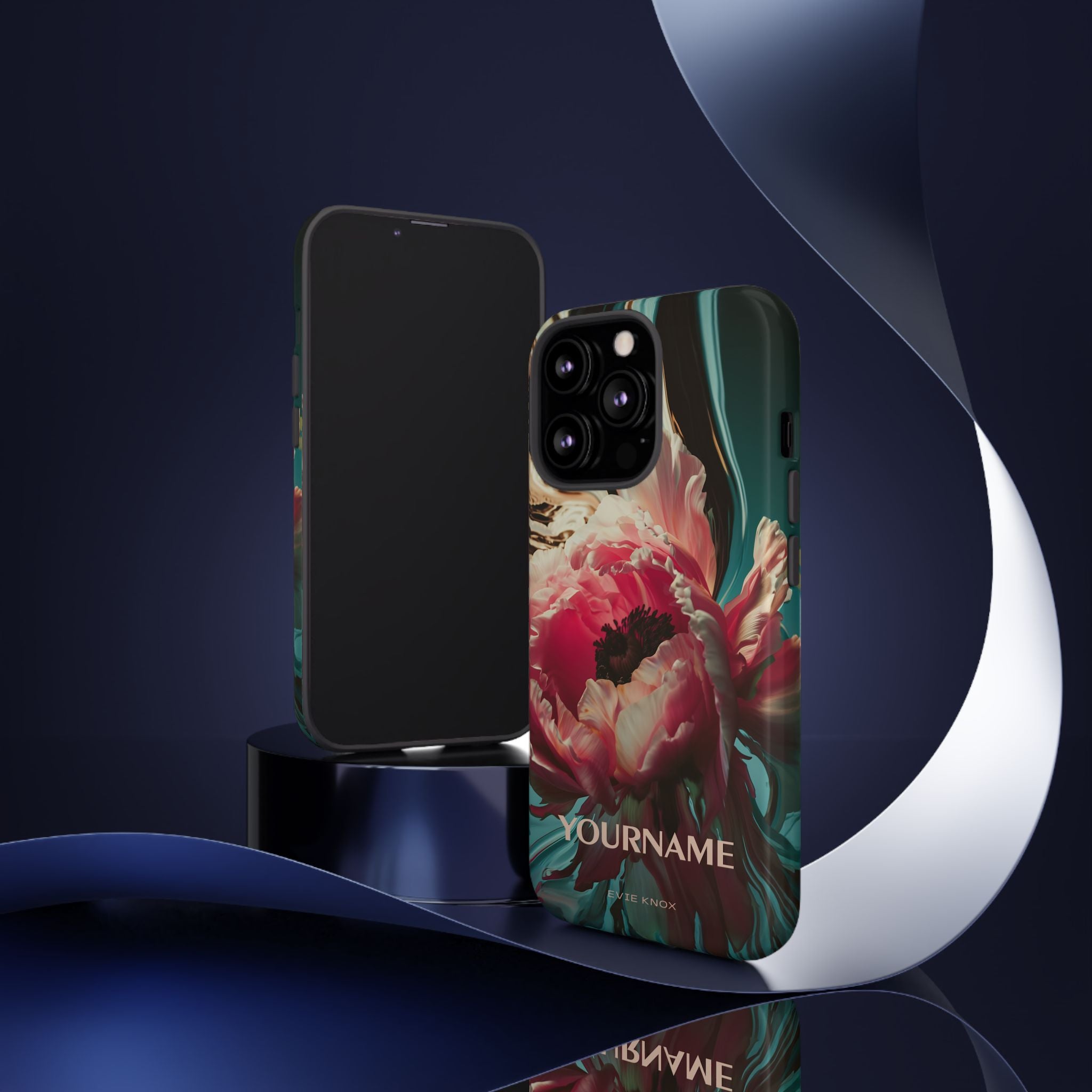 Floral Splash Tough Phone Case — Dark Teal & Pink Peony Design