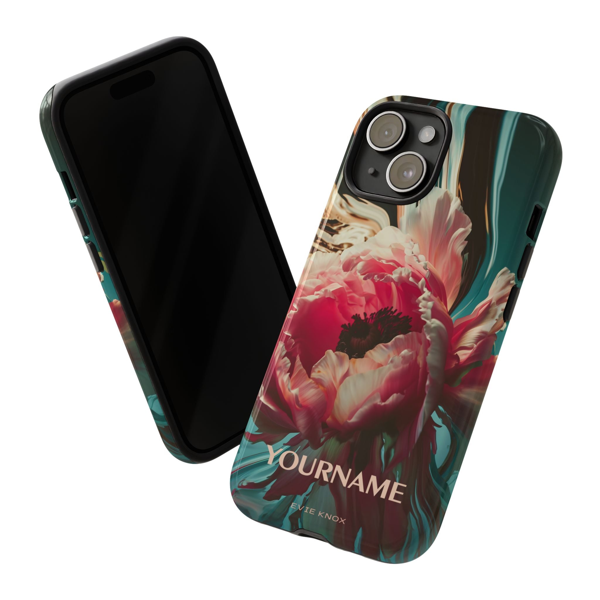 Floral Splash Tough Phone Case — Dark Teal & Pink Peony Design