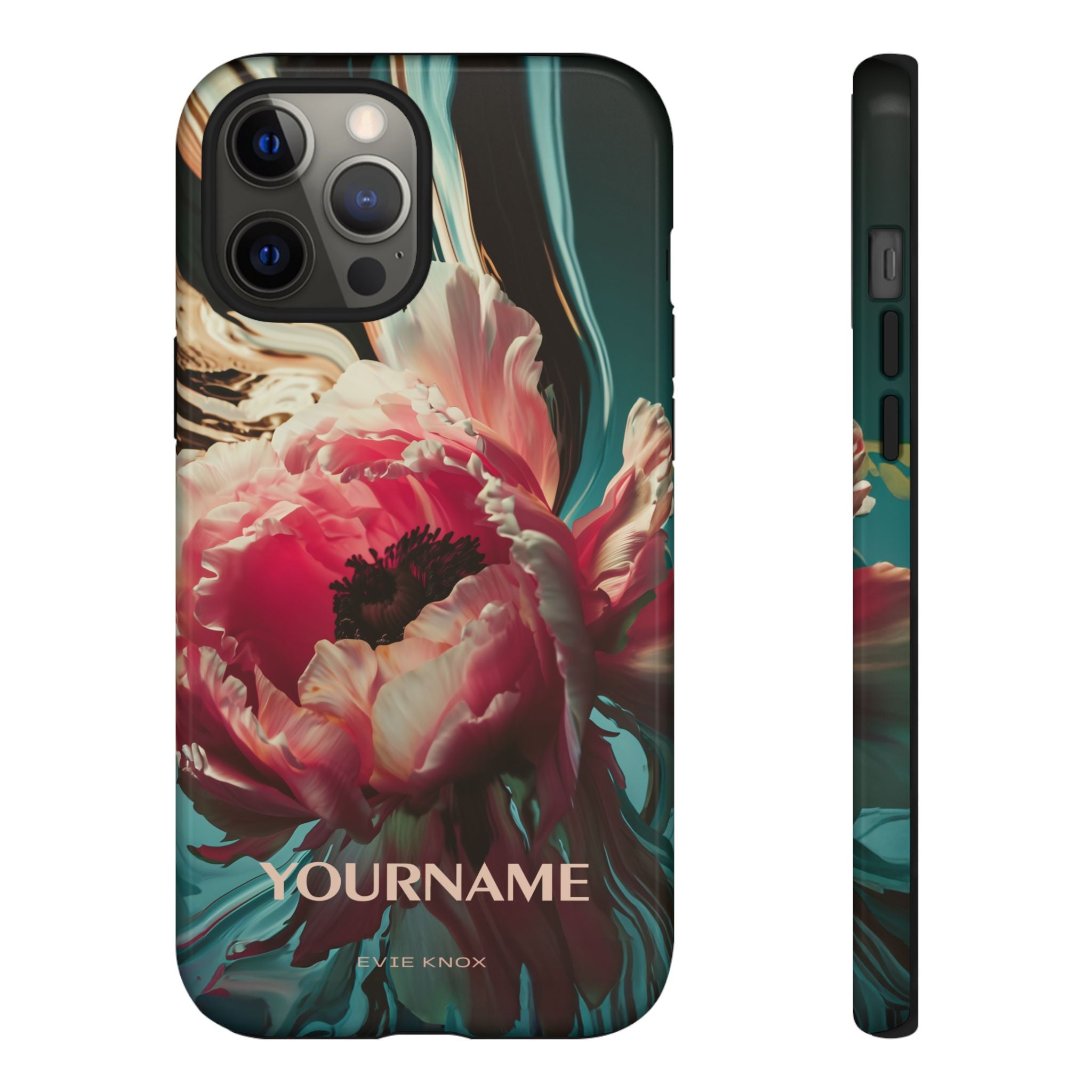 Floral Splash Tough Phone Case — Dark Teal & Pink Peony Design