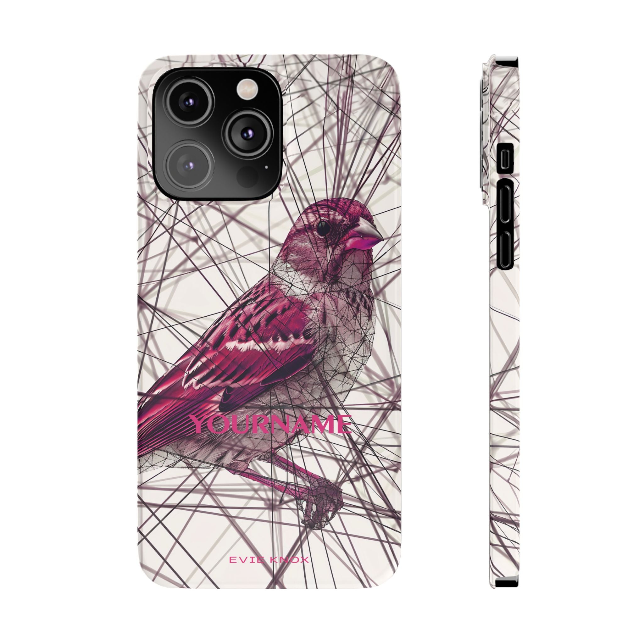 Pink Finch Bird Illustration on Abstract Line Background - Slim Phone Case