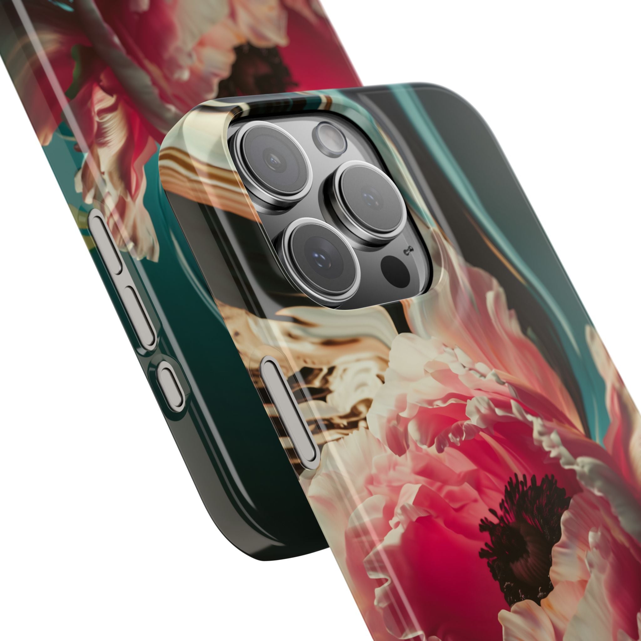 Floral Splash Slim Phone Case — Dark Teal & Pink Peony Design