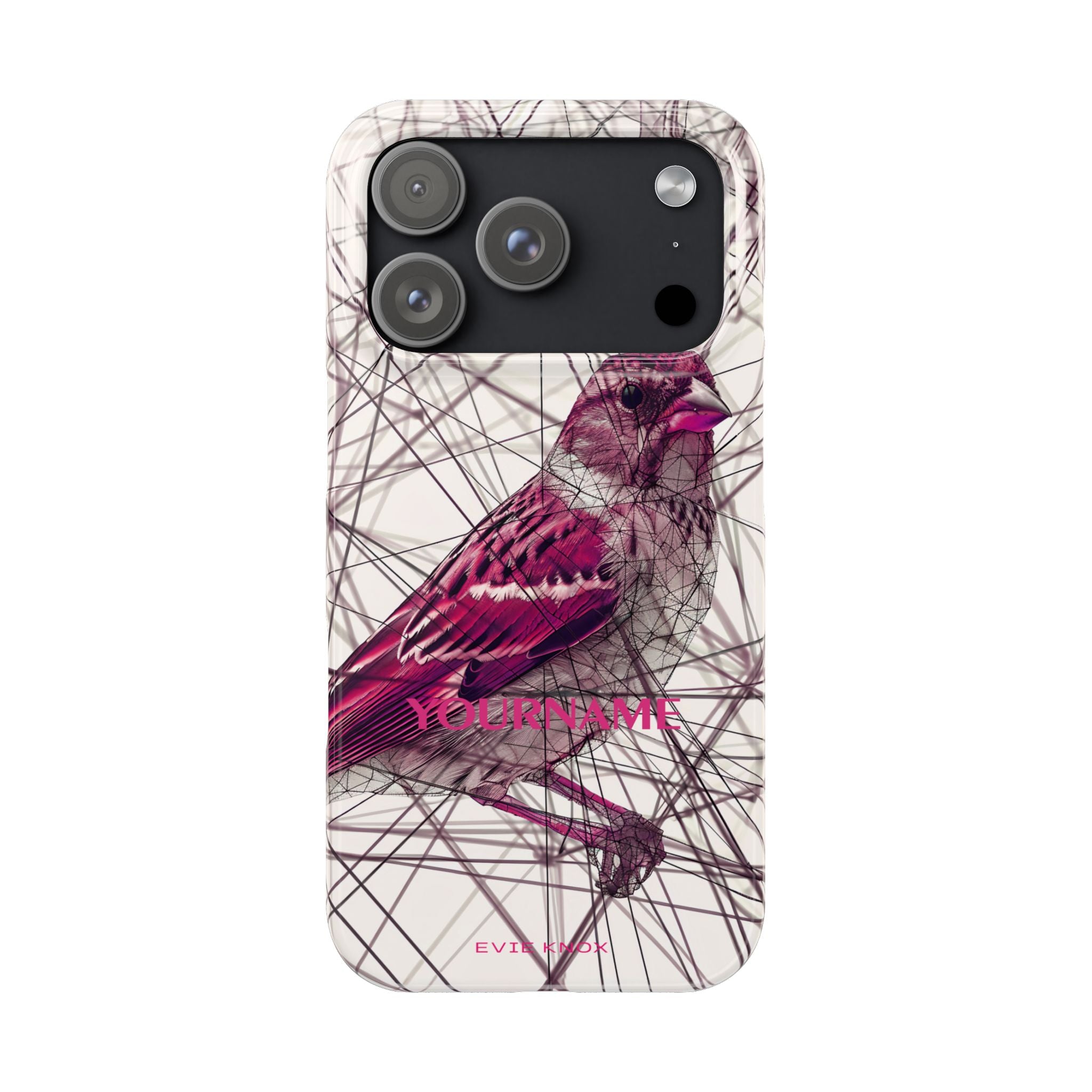 Pink Finch Bird Illustration on Abstract Line Background - Slim Phone Case