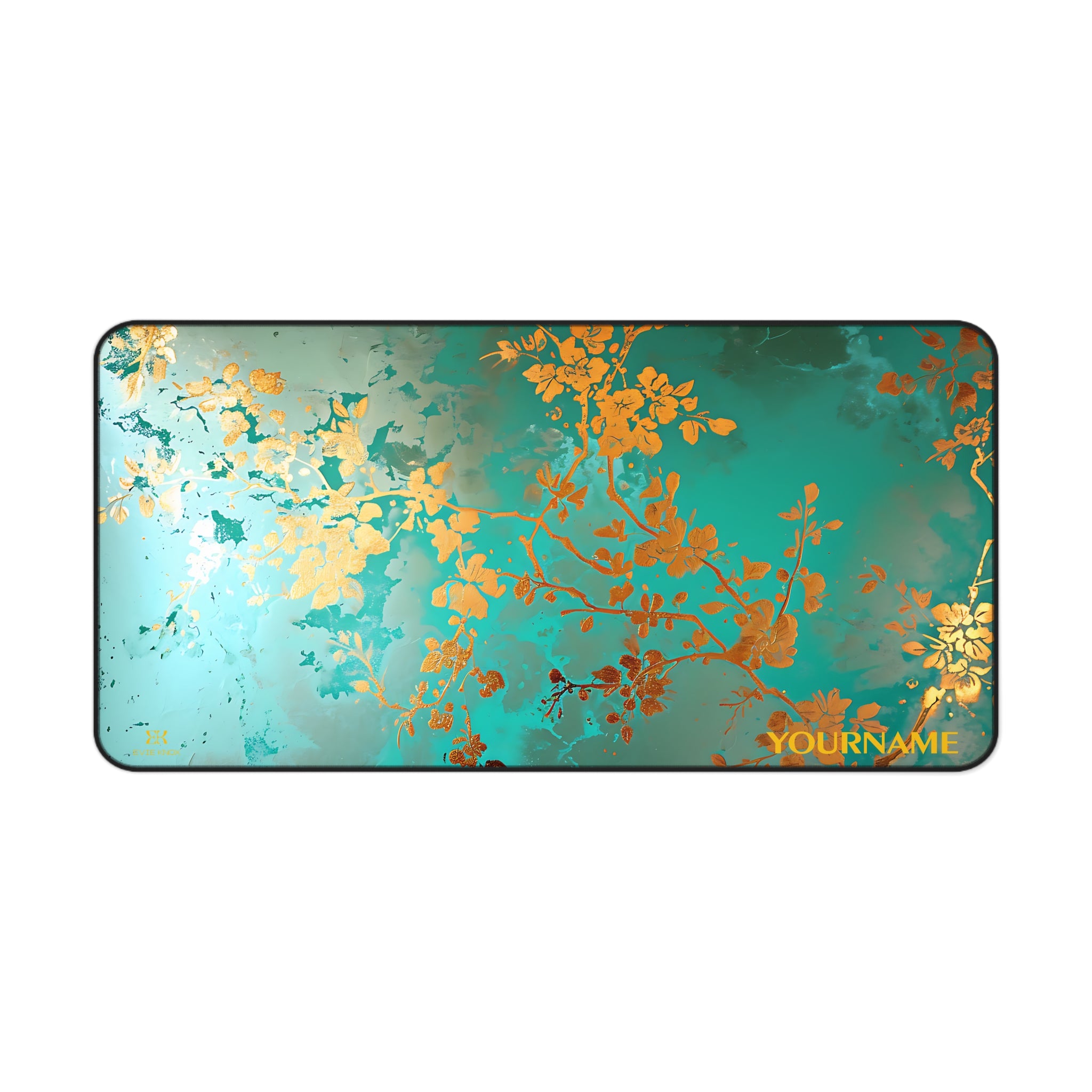 Teal & Gold Floral Desk Mat — Personalizable Elegant Mouse Pad