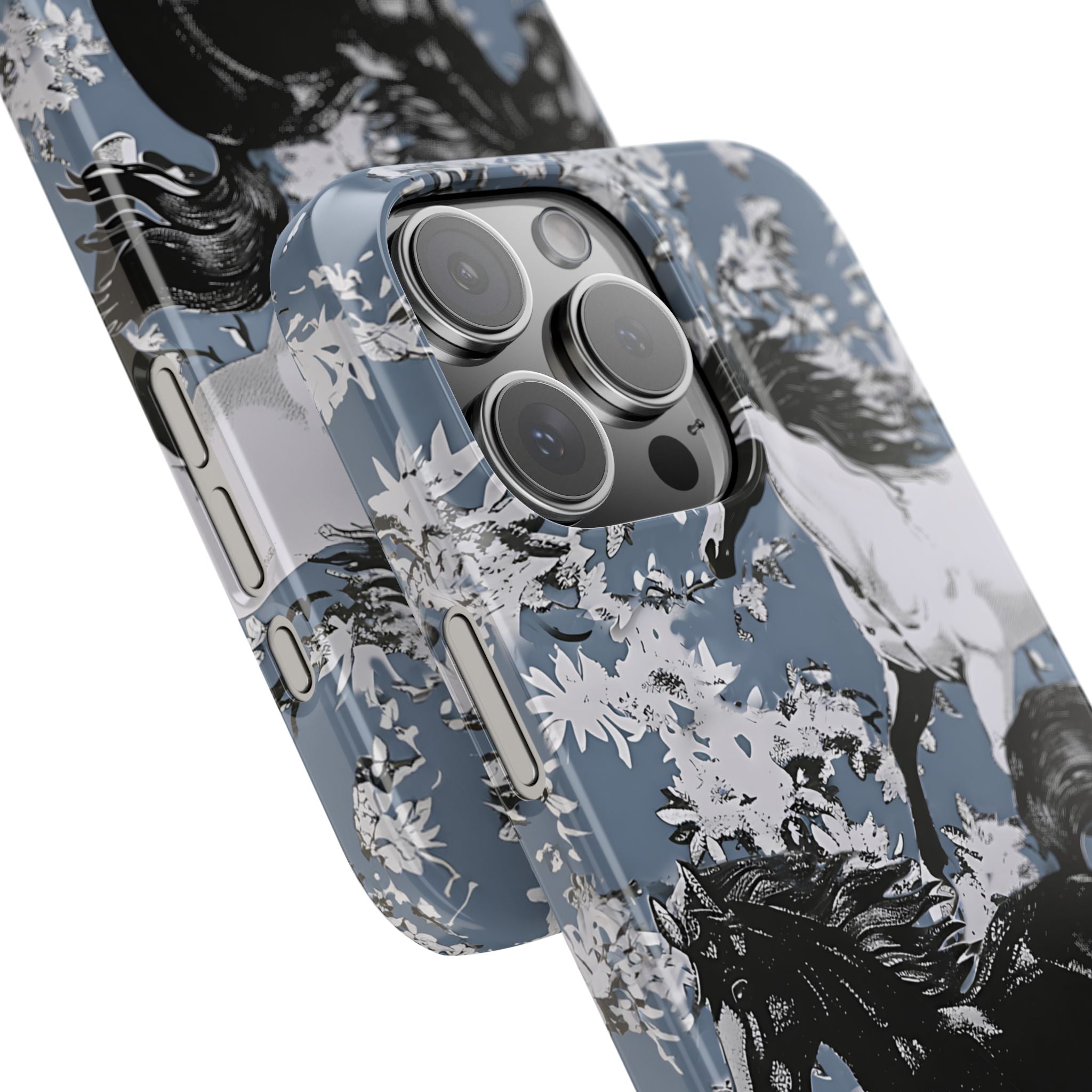 Horses on Dusty Blue Floral Pattern Slim Phone Case - Personalizable iPhone Case