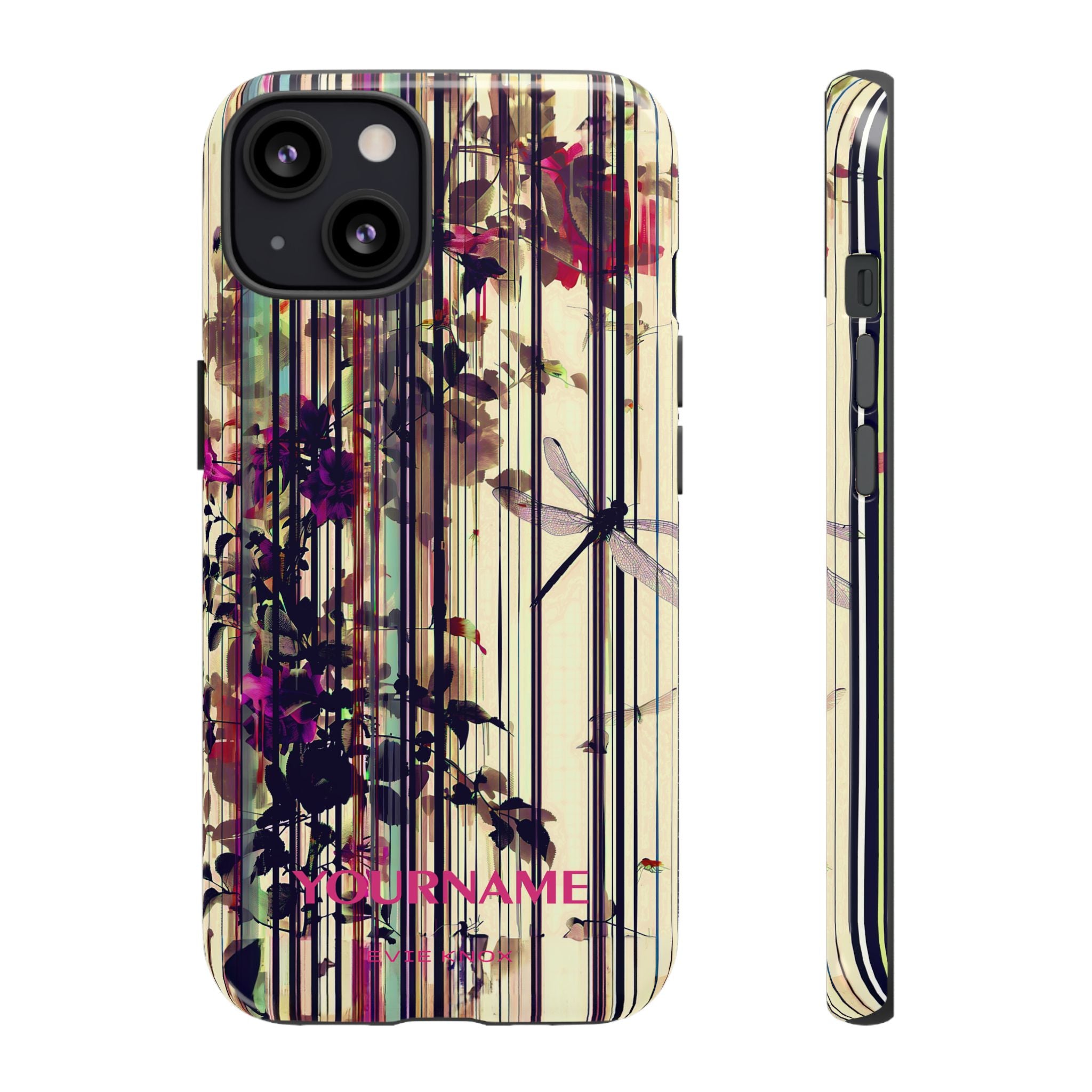 Floral Stripes Tough Phone Case — Vintage Botanical Dragonfly Design