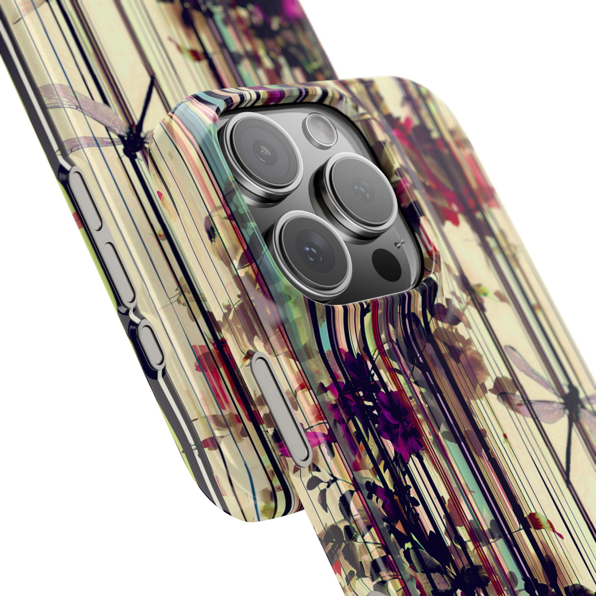 Floral Stripes Slim Phone Case — Vintage Botanical Dragonfly Design