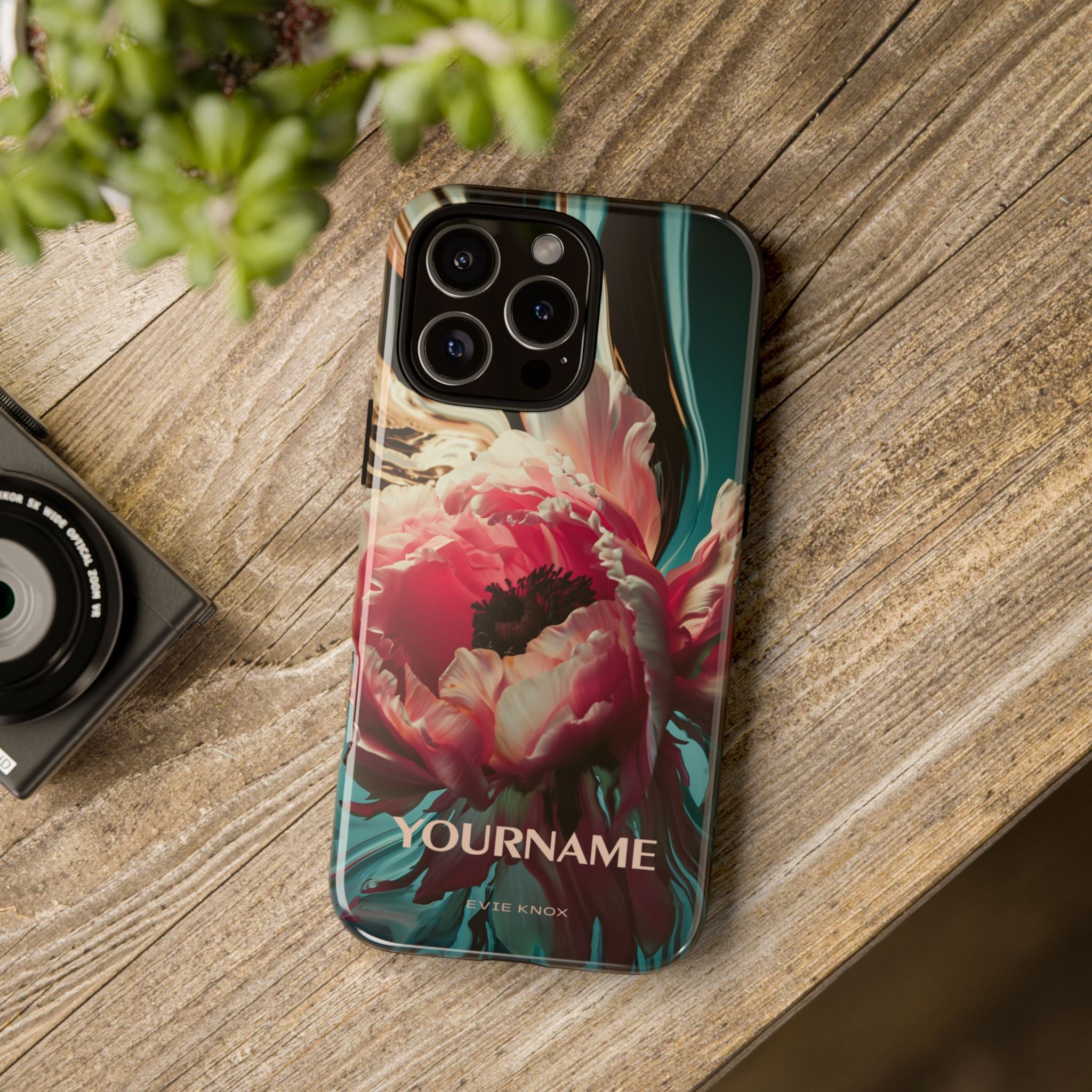 Floral Splash Tough Phone Case — Dark Teal & Pink Peony Design