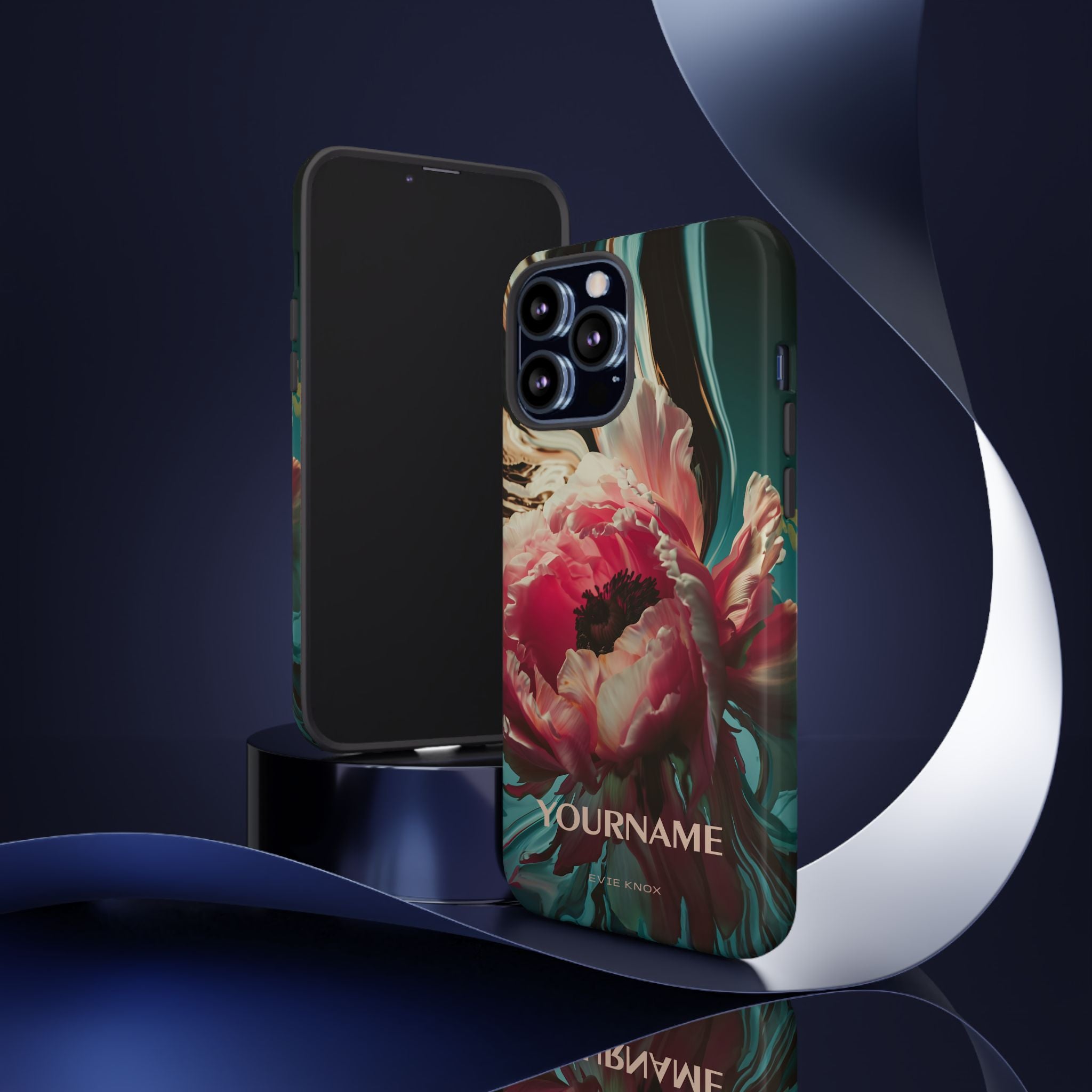 Floral Splash Tough Phone Case — Dark Teal & Pink Peony Design