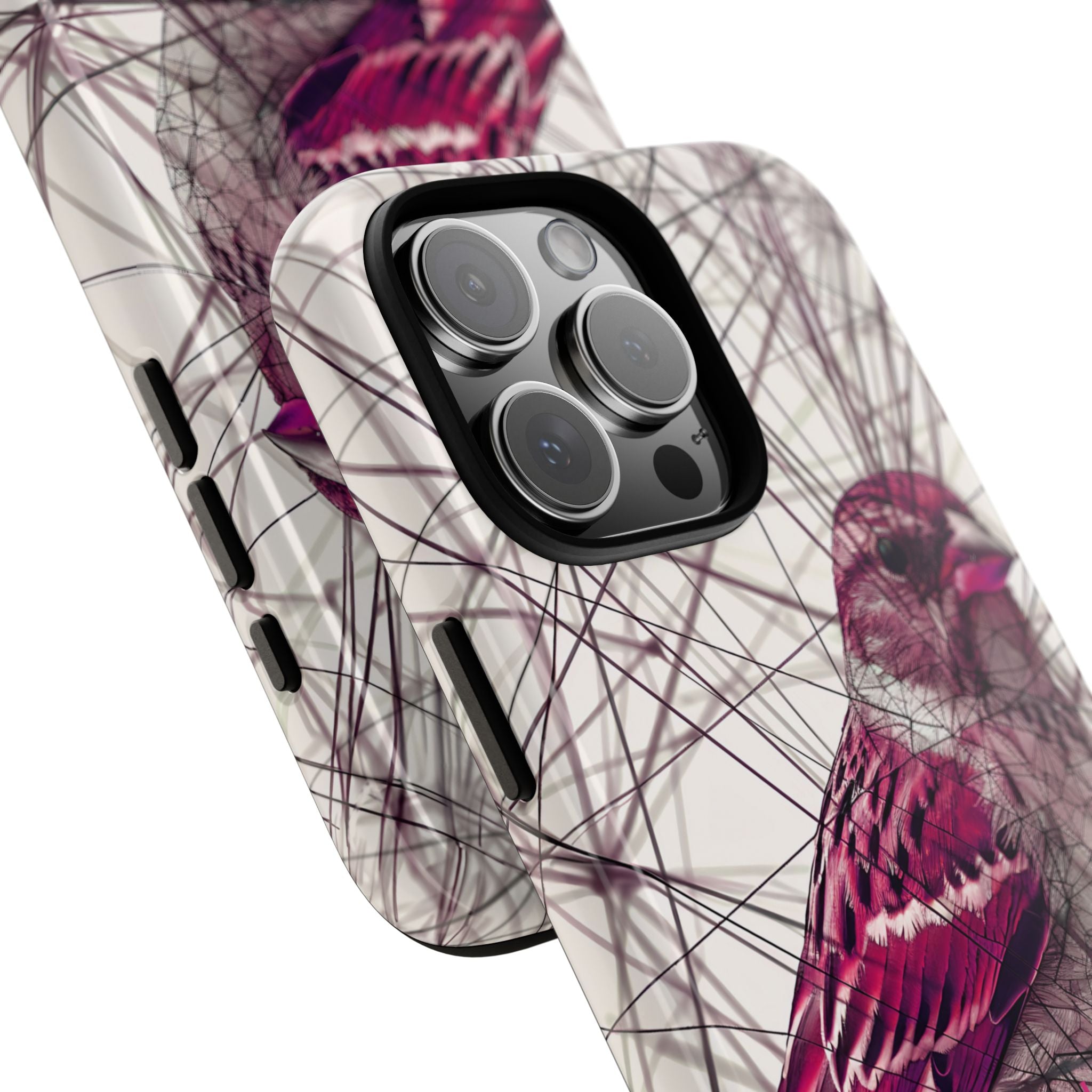 Pink Finch Bird Illustration on Abstract Line Background - Tough Phone Case