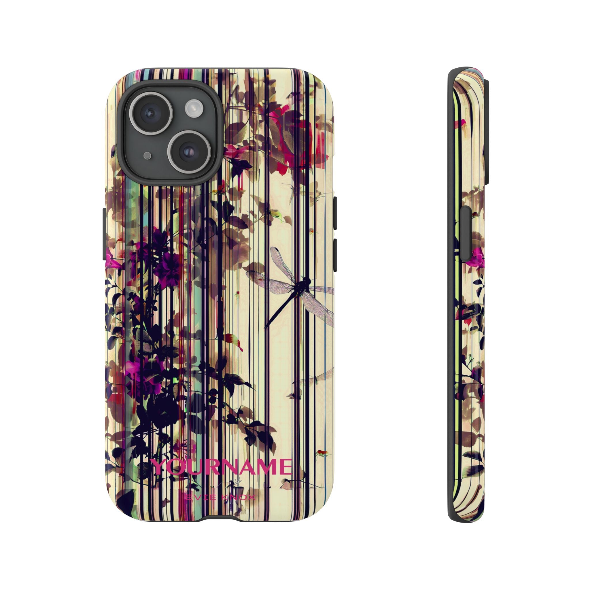 Floral Stripes Tough Phone Case — Vintage Botanical Dragonfly Design