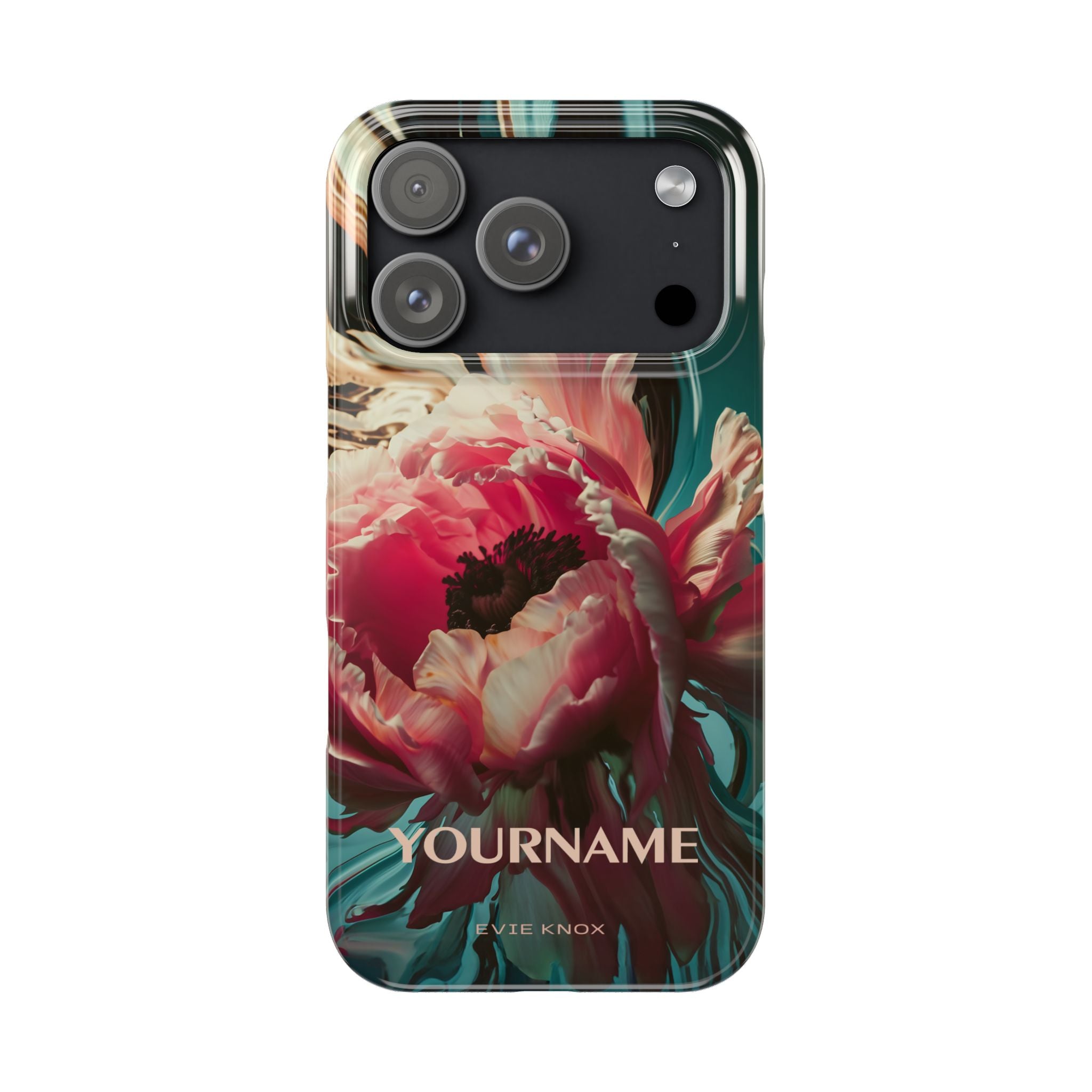 Floral Splash Slim Phone Case — Dark Teal & Pink Peony Design