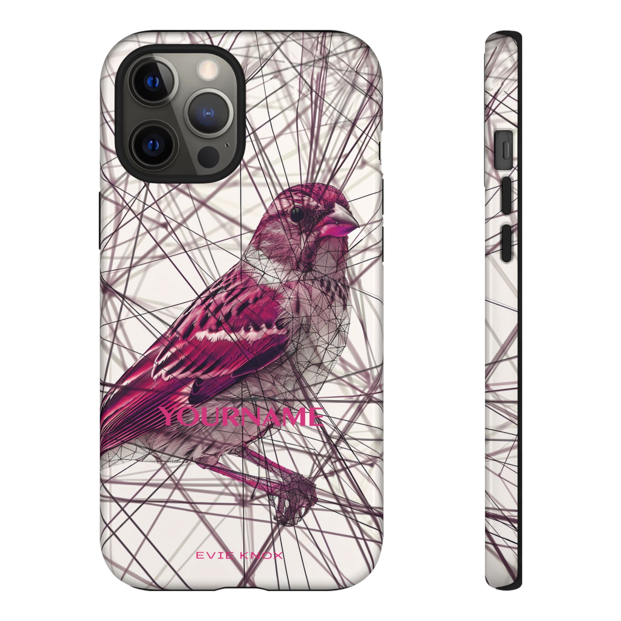 Pink Finch Bird Illustration on Abstract Line Background - Tough Phone Case
