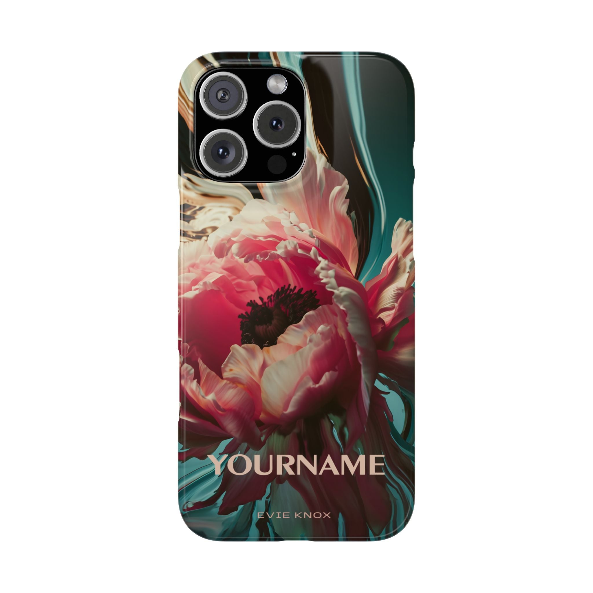 Floral Splash Slim Phone Case — Dark Teal & Pink Peony Design