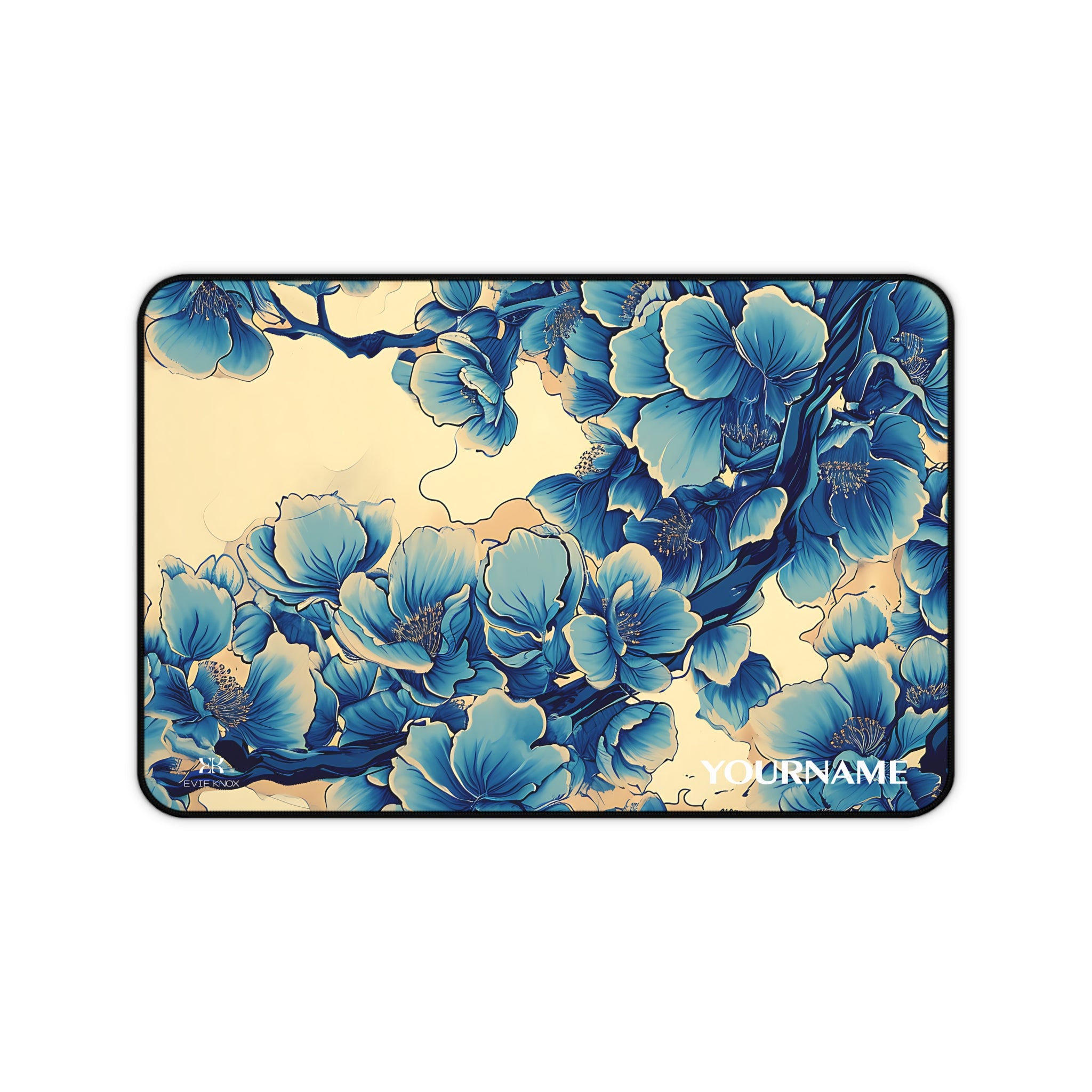 Blue Floral Blossom Desk Mat — Personalizable Japanese Floral Mouse Pad
