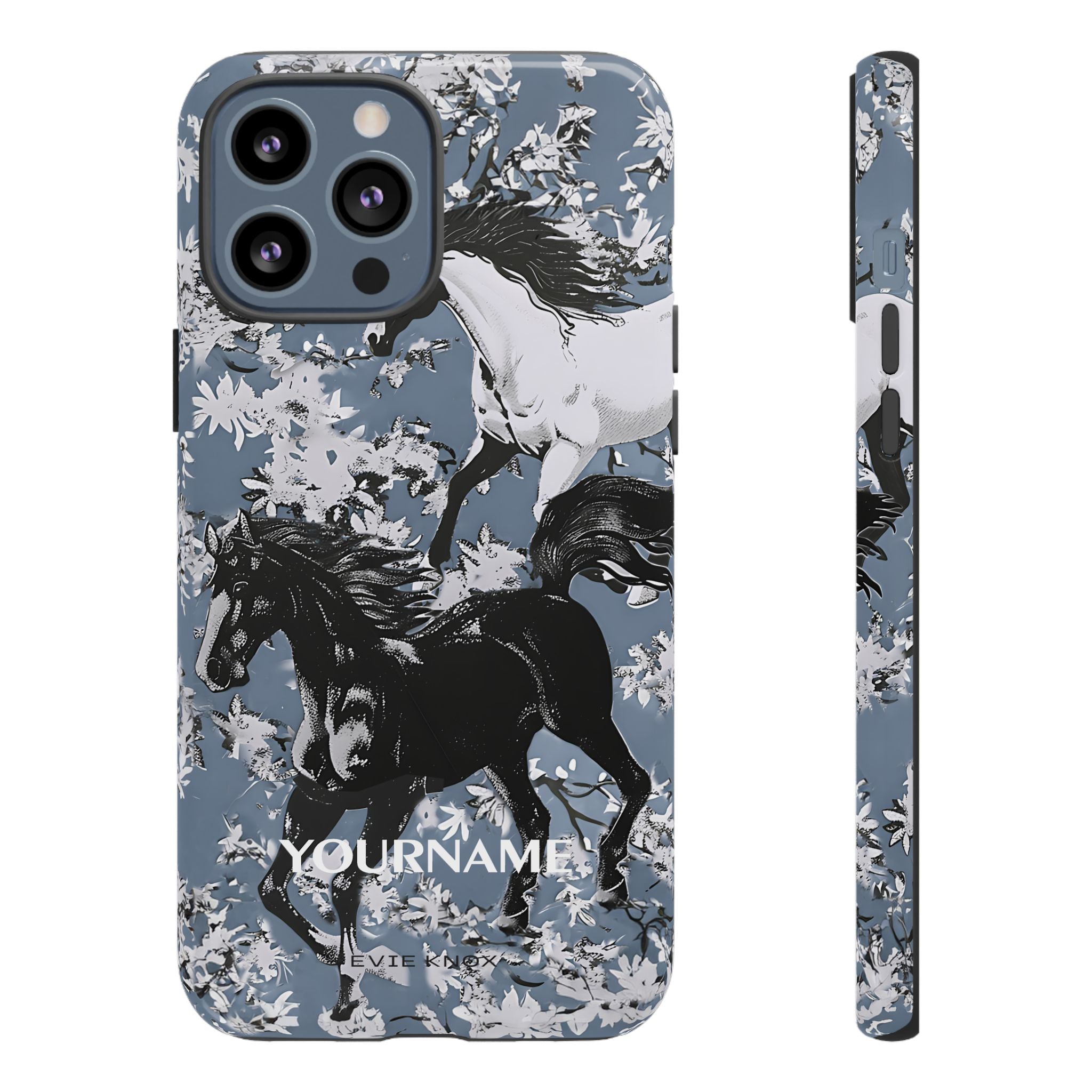 Horses on Dusty Blue Floral Pattern Tough Phone Case - Personalizable iPhone Case