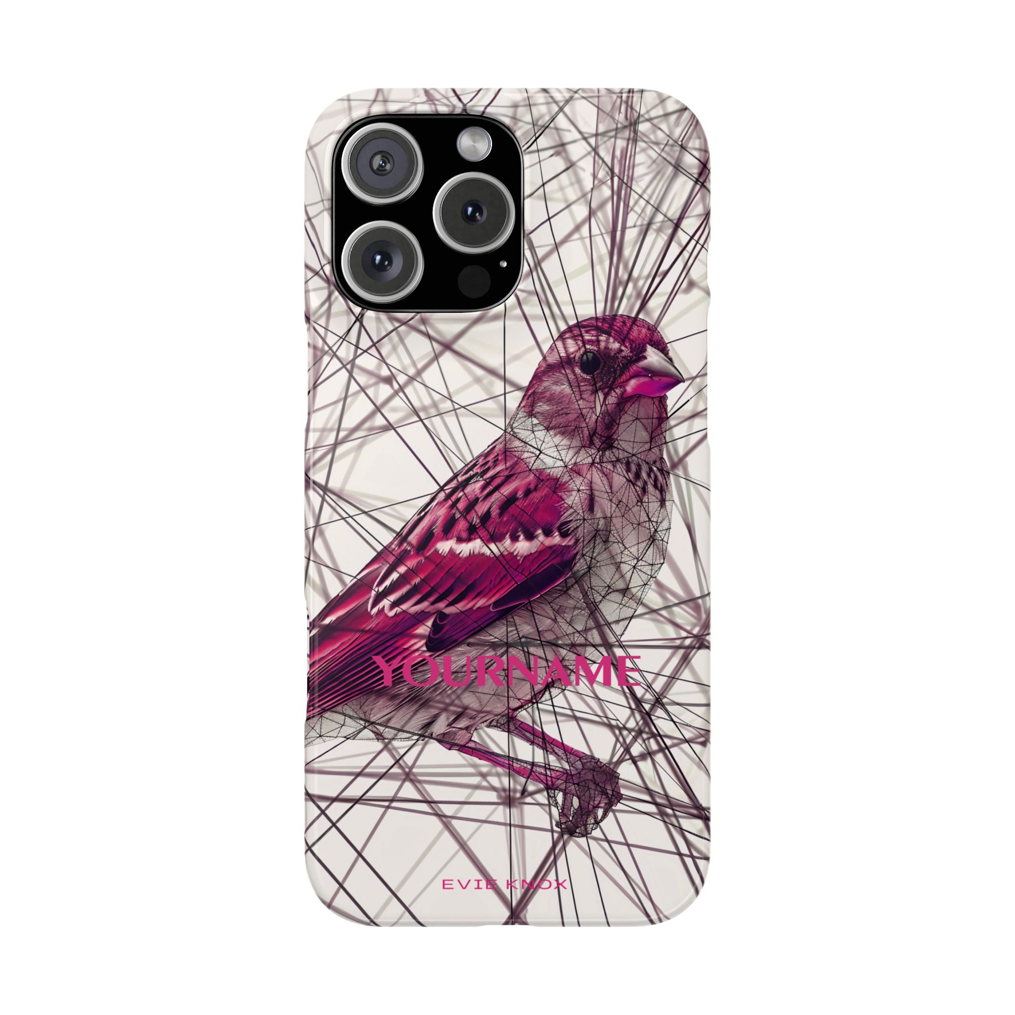 Pink Finch Bird Illustration on Abstract Line Background - Slim Phone Case