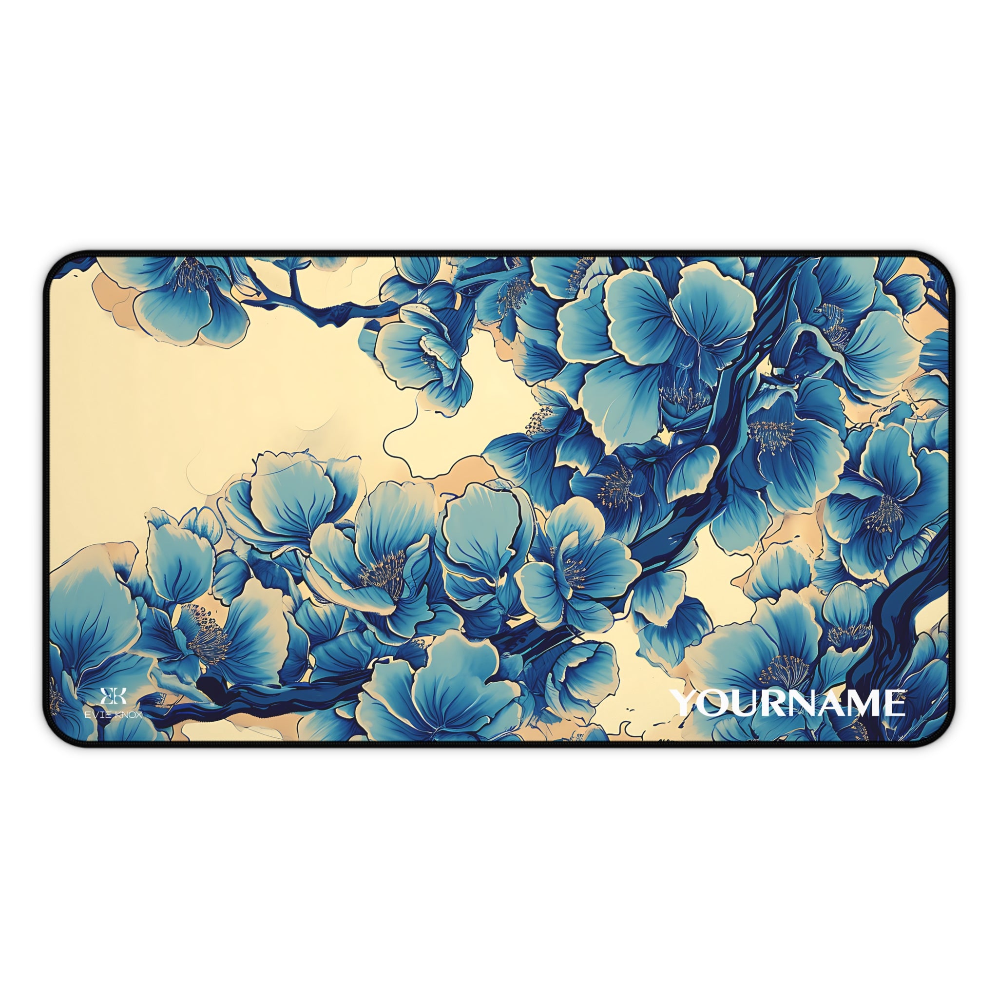 Blue Floral Blossom Desk Mat — Personalizable Japanese Floral Mouse Pad