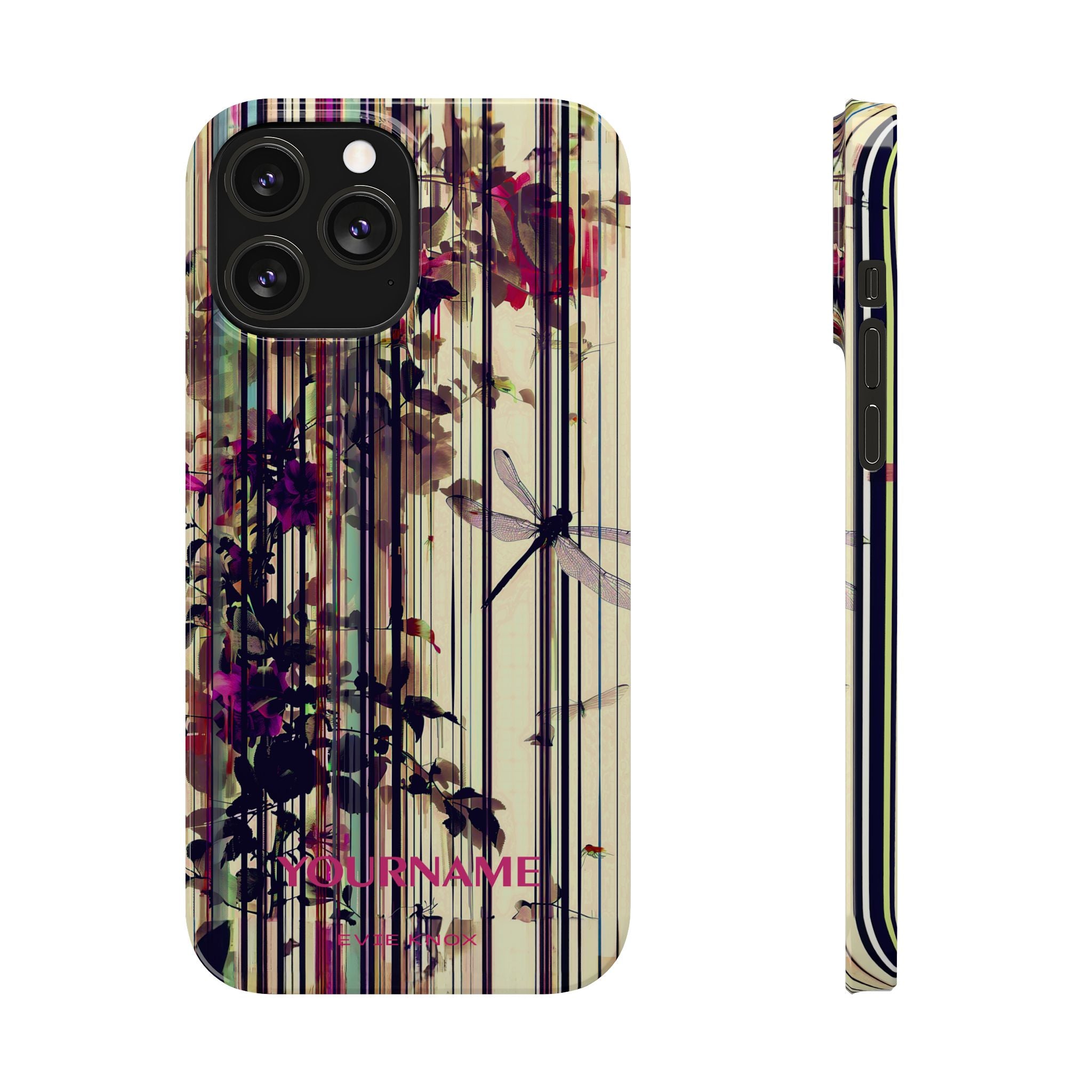 Floral Stripes Slim Phone Case — Vintage Botanical Dragonfly Design