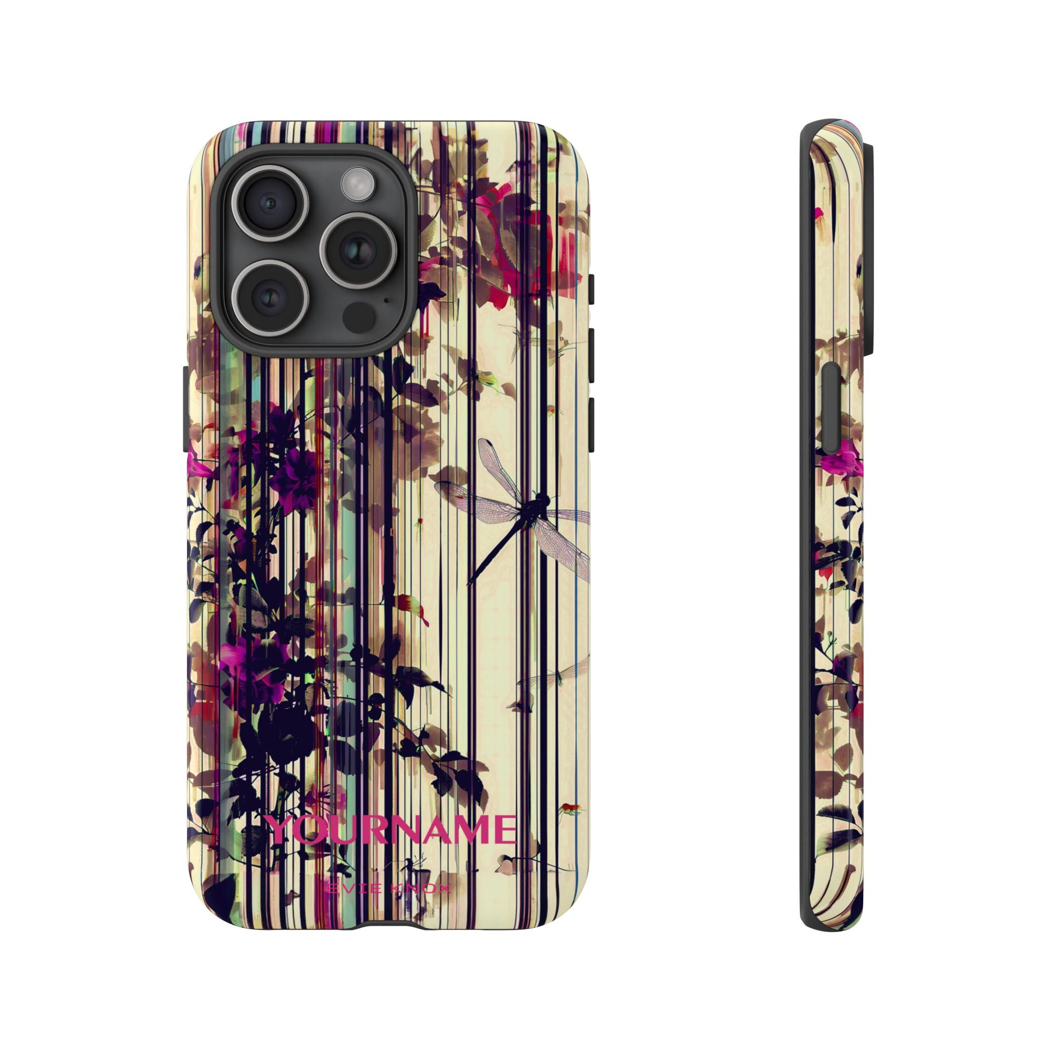 Floral Stripes Tough Phone Case — Vintage Botanical Dragonfly Design