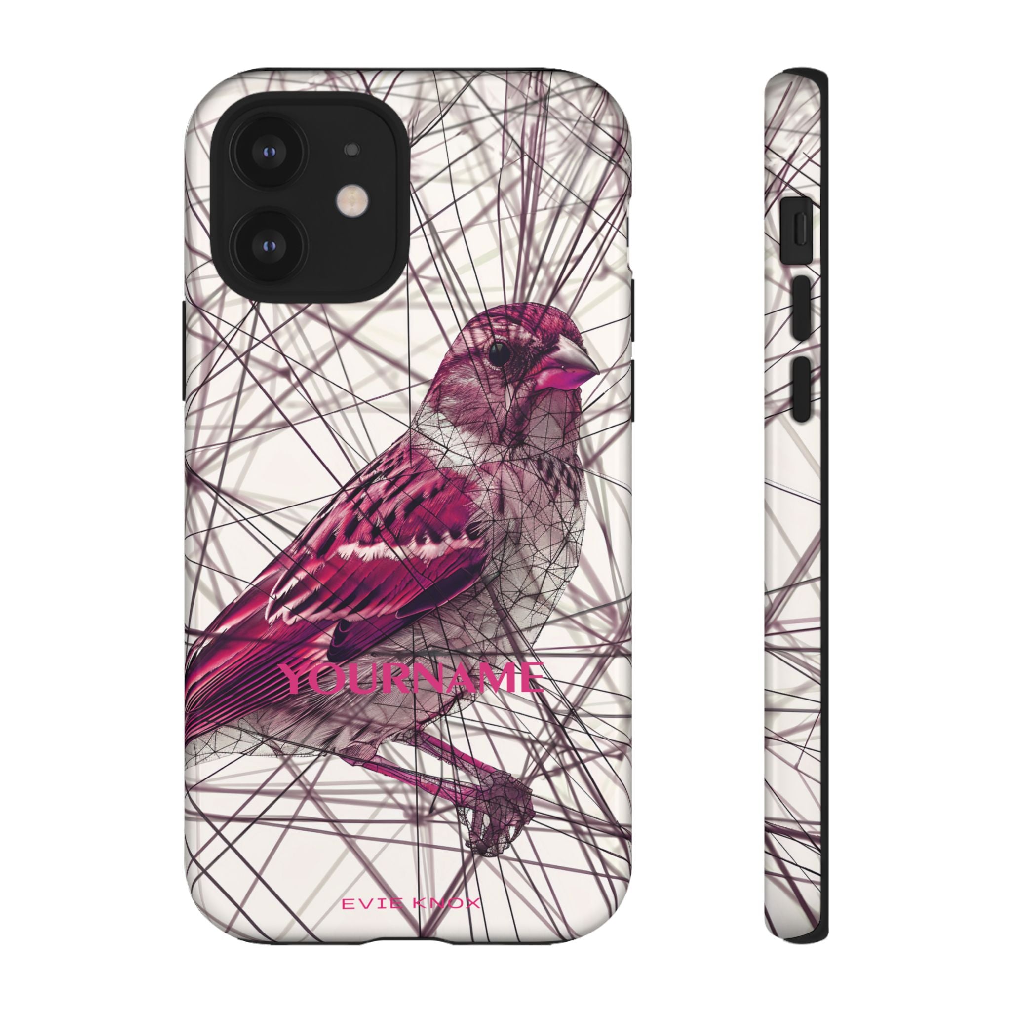 Pink Finch Bird Illustration on Abstract Line Background - Tough Phone Case