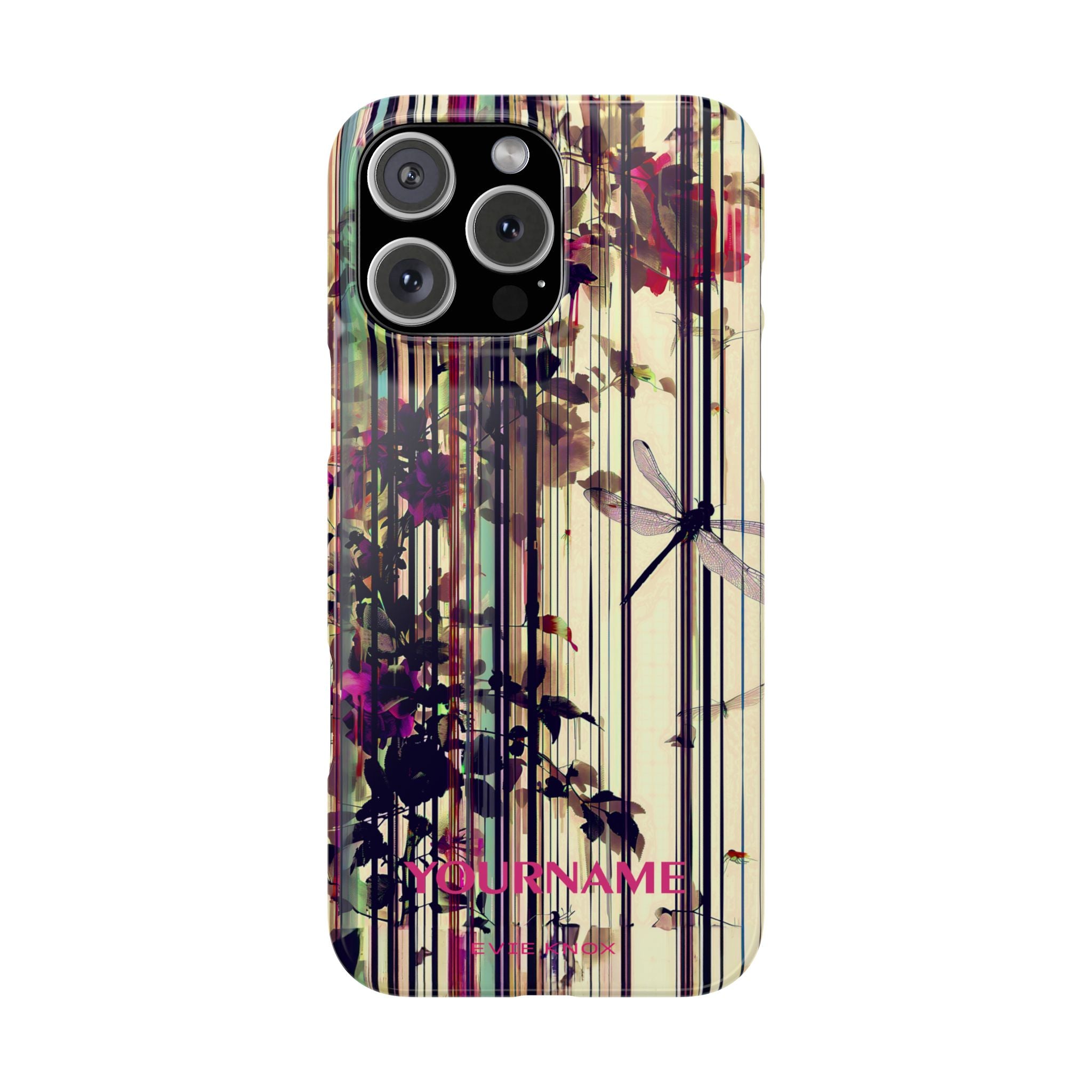 Floral Stripes Slim Phone Case — Vintage Botanical Dragonfly Design
