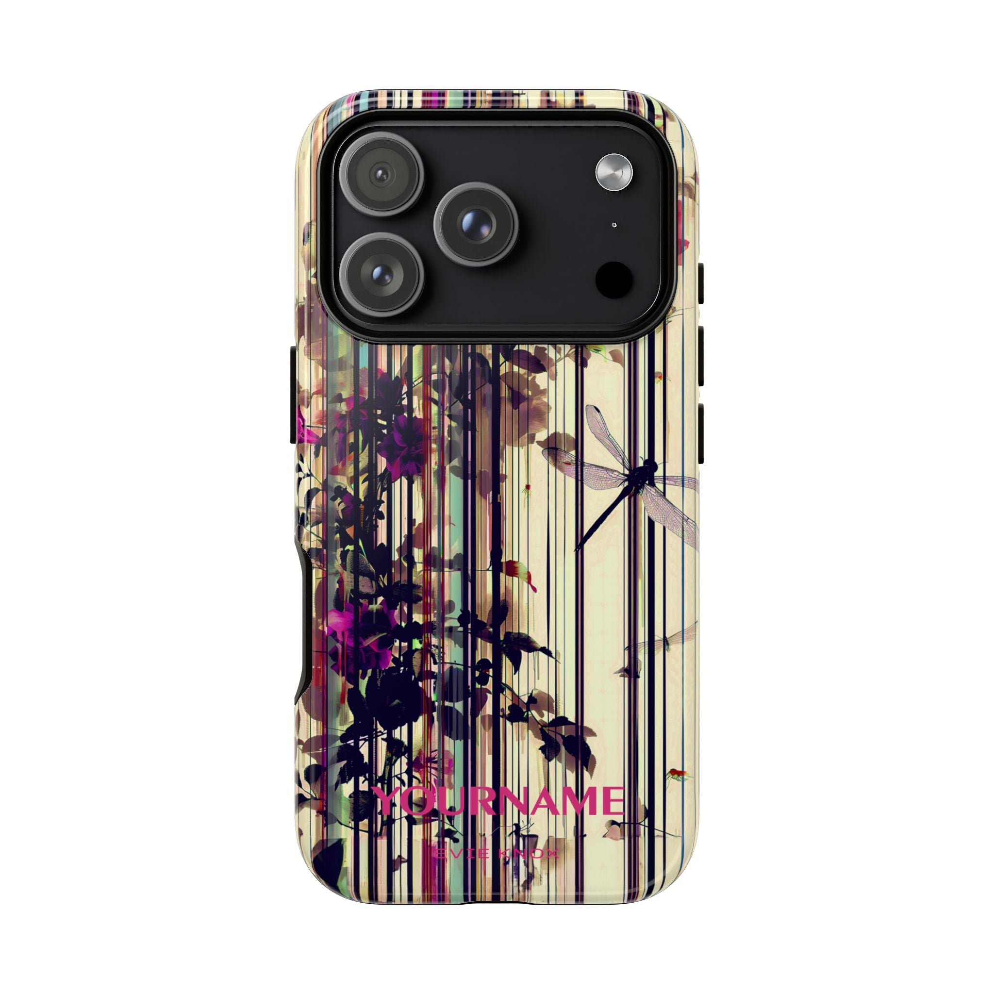 Floral Stripes Tough Phone Case — Vintage Botanical Dragonfly Design