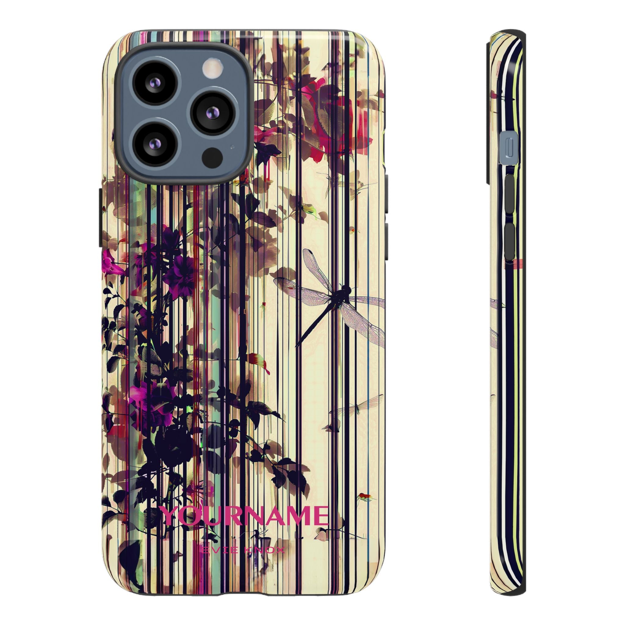 Floral Stripes Tough Phone Case — Vintage Botanical Dragonfly Design