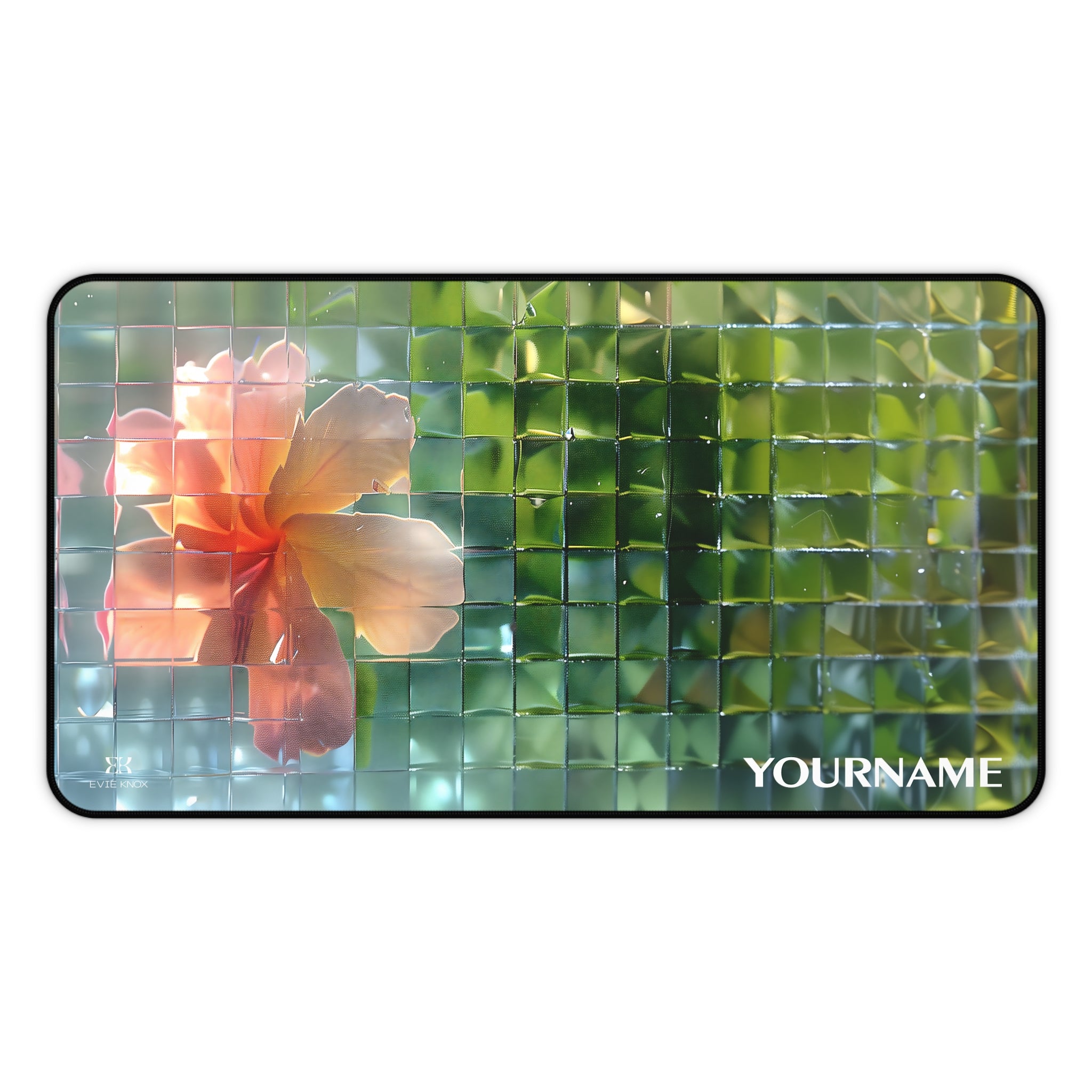 Hibiscus Glassy Mosaic Desk Mat — Floral Pixelated Mouse Pad for Home Office