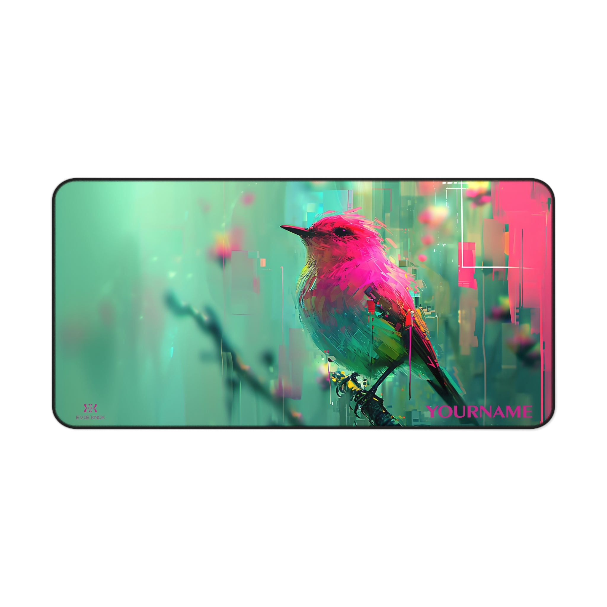 Vibrant Song Bird Desk Mat – Neon Pink & Teal Mouse Pad