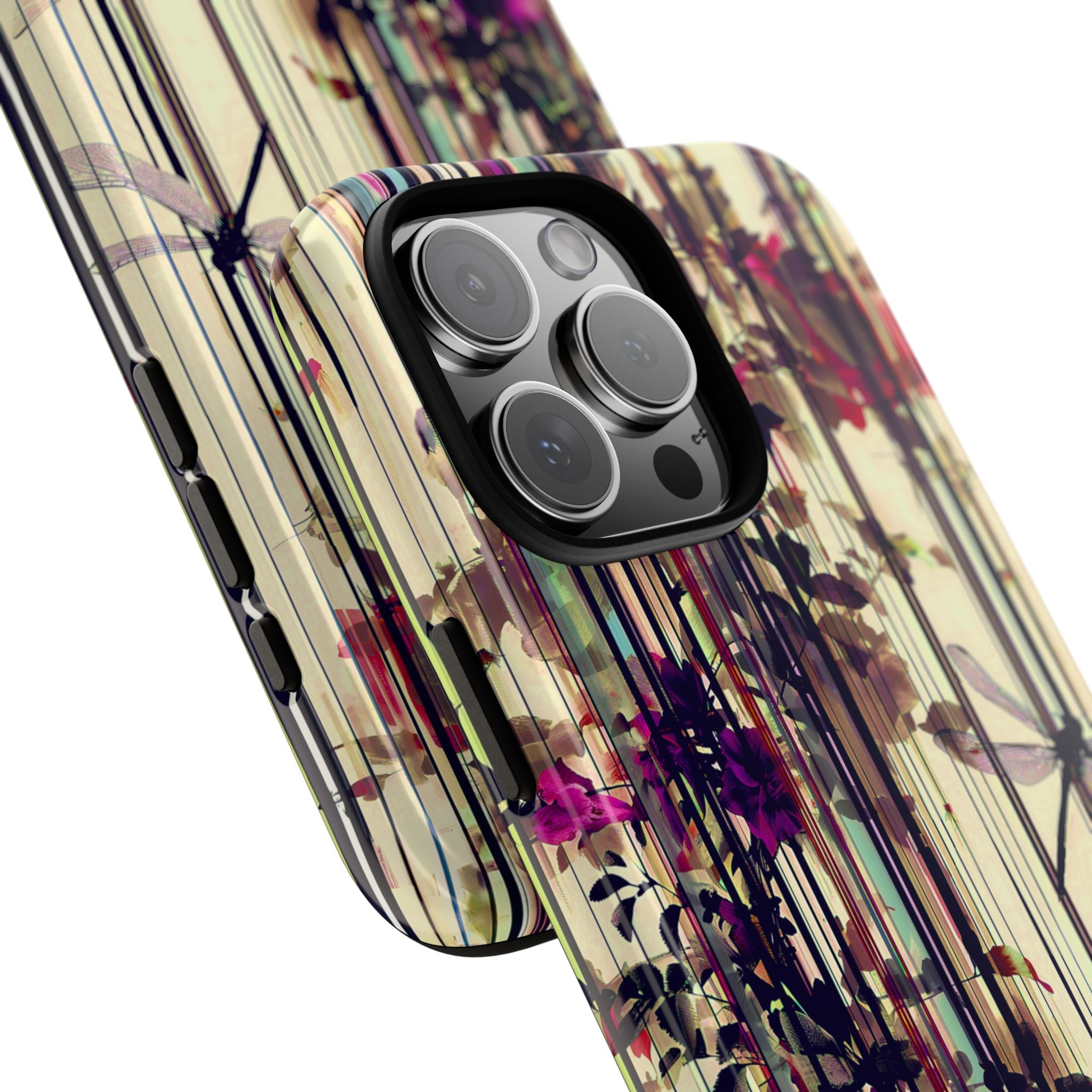 Floral Stripes Tough Phone Case — Vintage Botanical Dragonfly Design