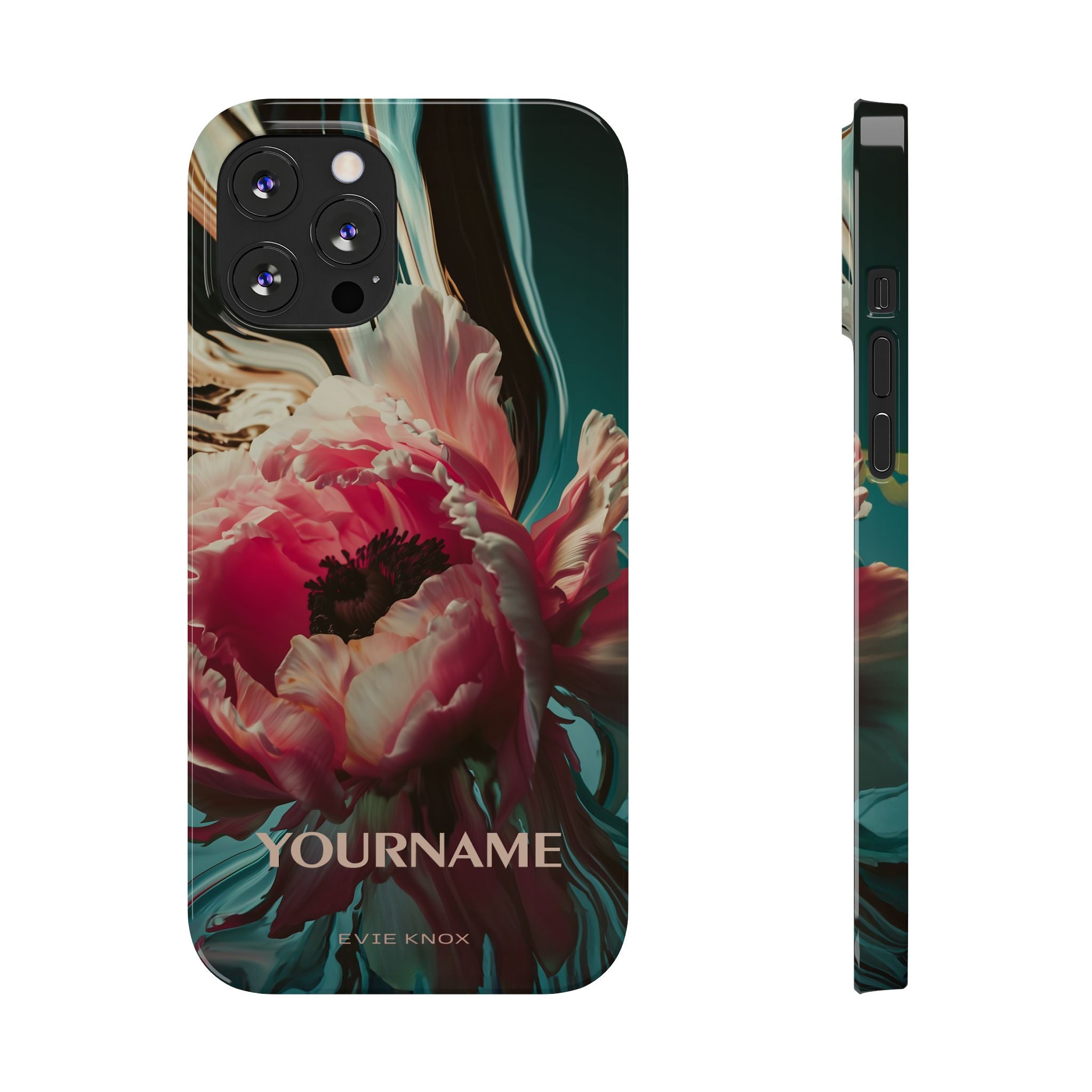 Floral Splash Slim Phone Case — Dark Teal & Pink Peony Design