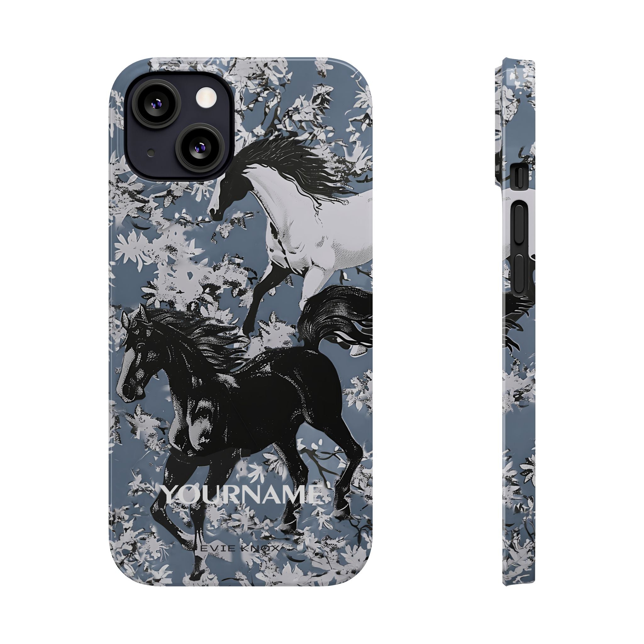 Horses on Dusty Blue Floral Pattern Slim Phone Case - Personalizable iPhone Case