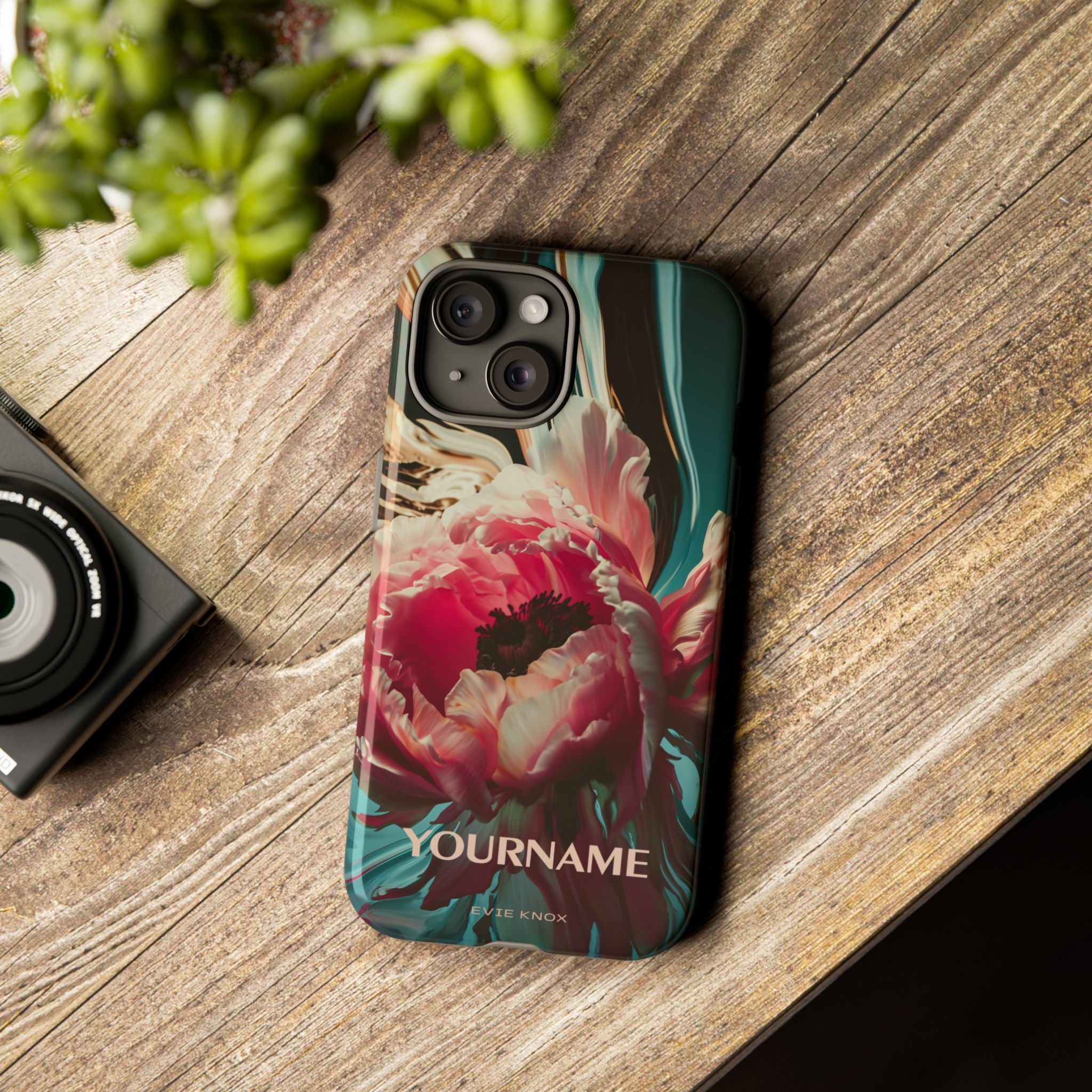 Floral Splash Tough Phone Case — Dark Teal & Pink Peony Design