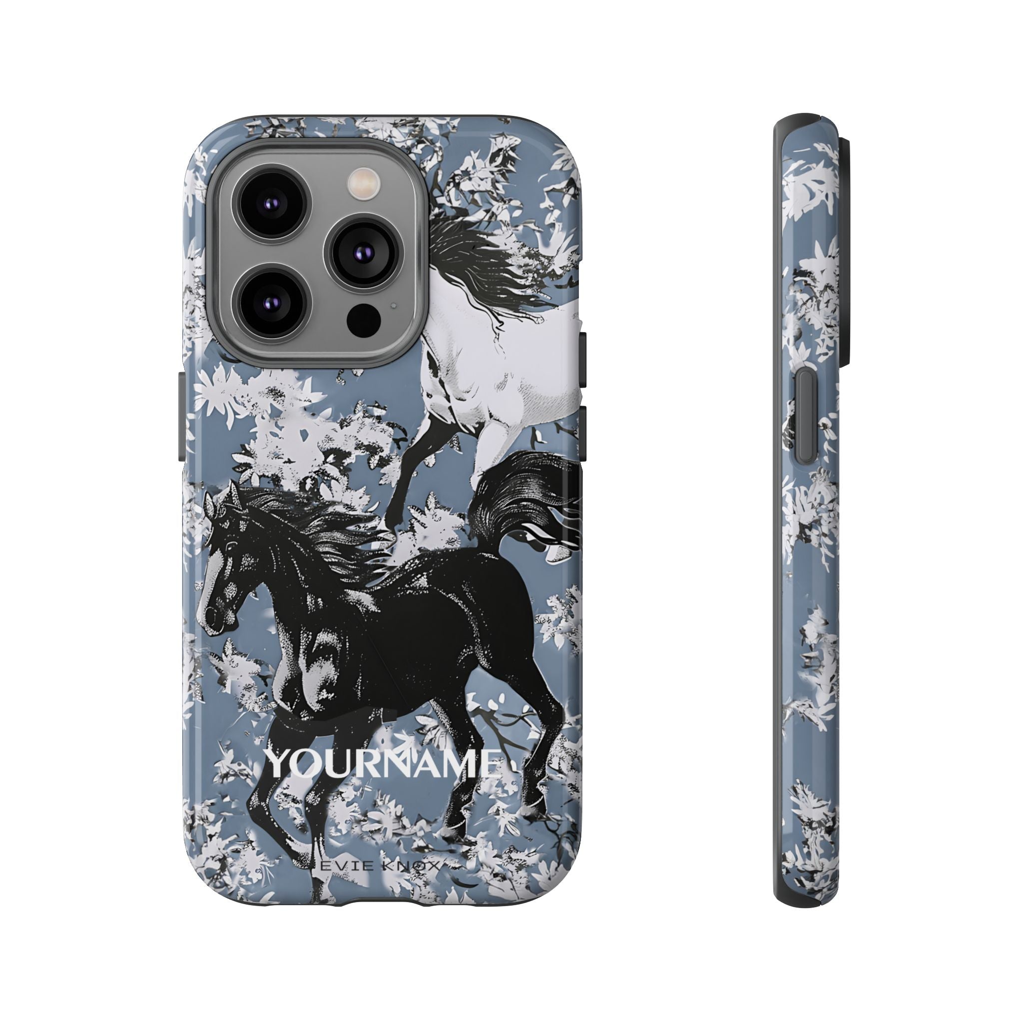 Horses on Dusty Blue Floral Pattern Tough Phone Case - Personalizable iPhone Case