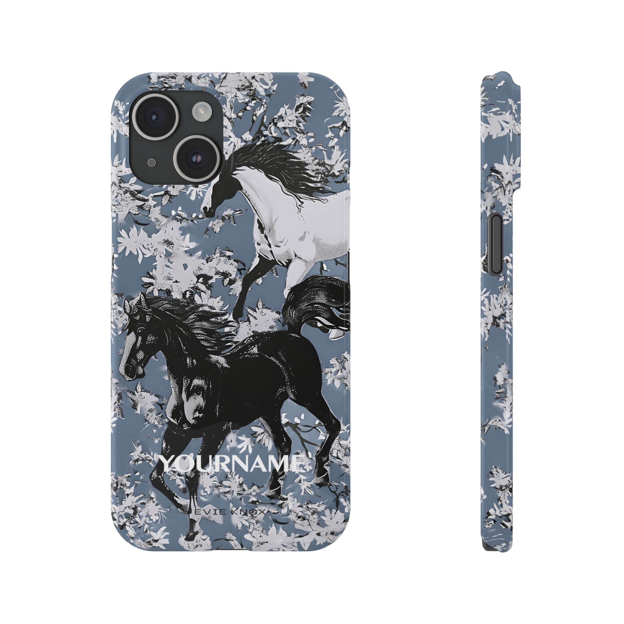 Horses on Dusty Blue Floral Pattern Slim Phone Case - Personalizable iPhone Case