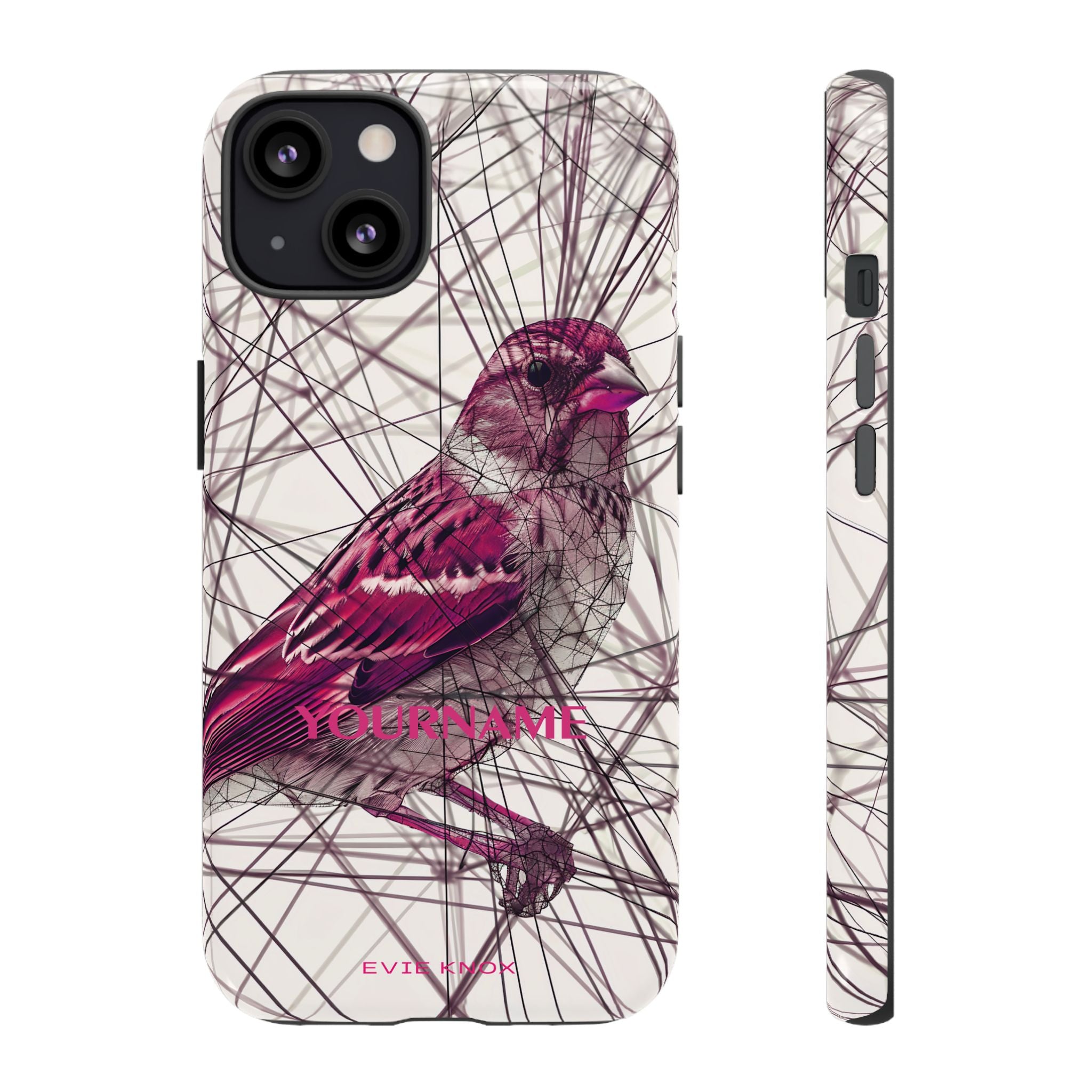 Pink Finch Bird Illustration on Abstract Line Background - Tough Phone Case