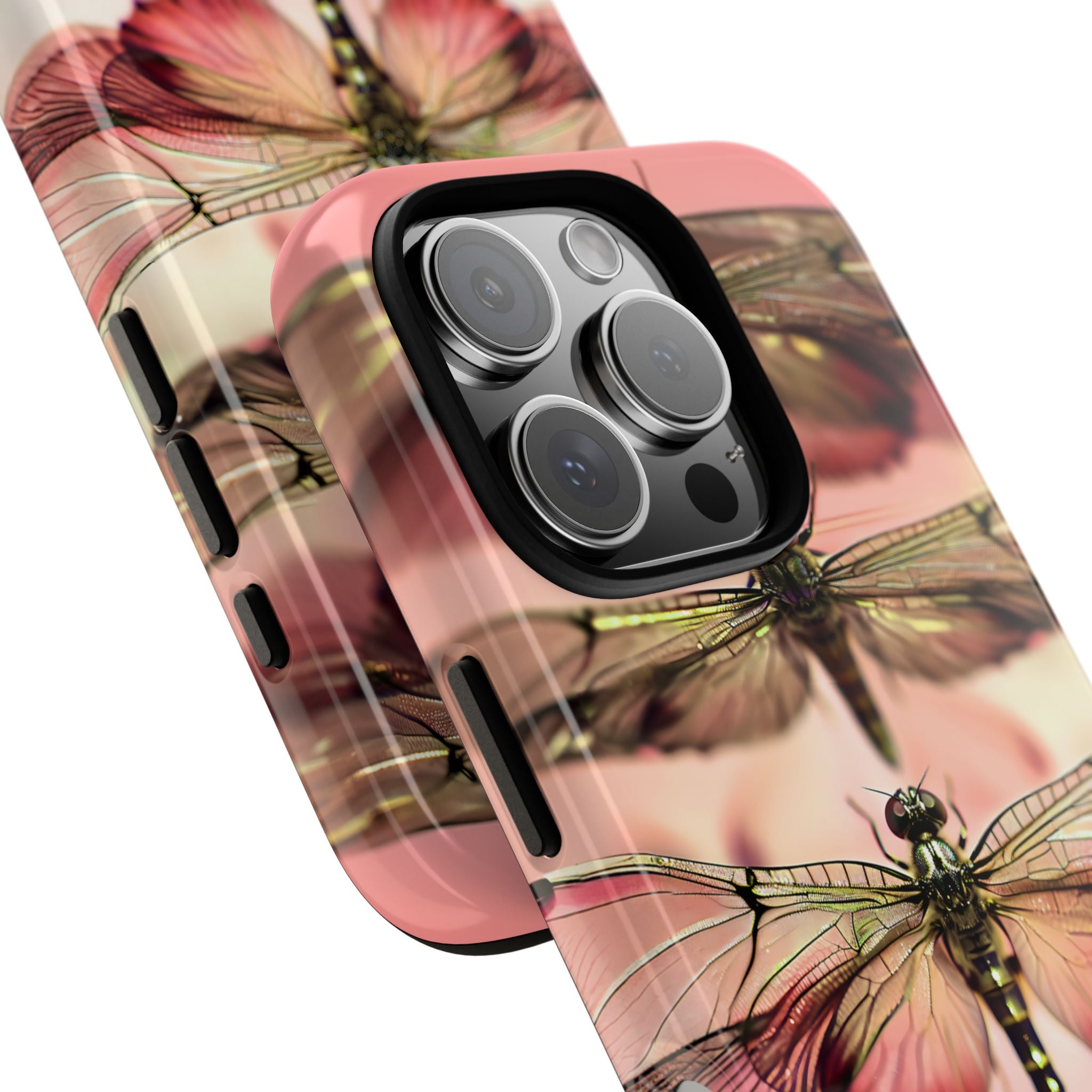 Dragonfly Array Tough Phone Case — Pink Floral Insect Art Protective Cover