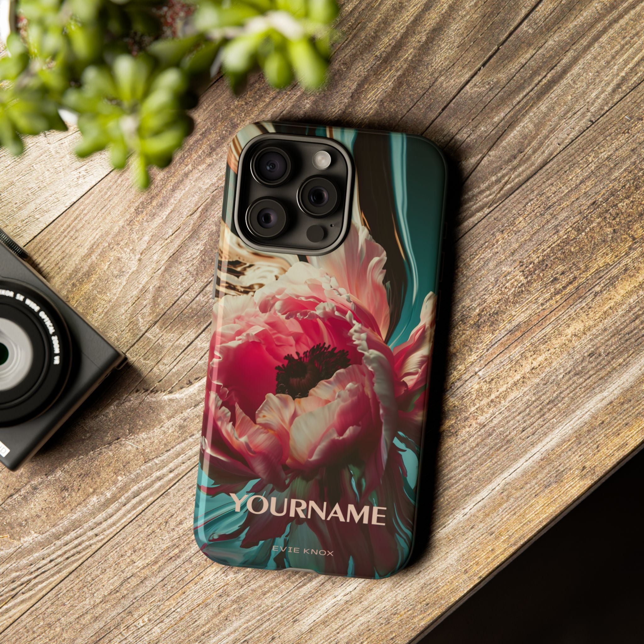 Floral Splash Tough Phone Case — Dark Teal & Pink Peony Design