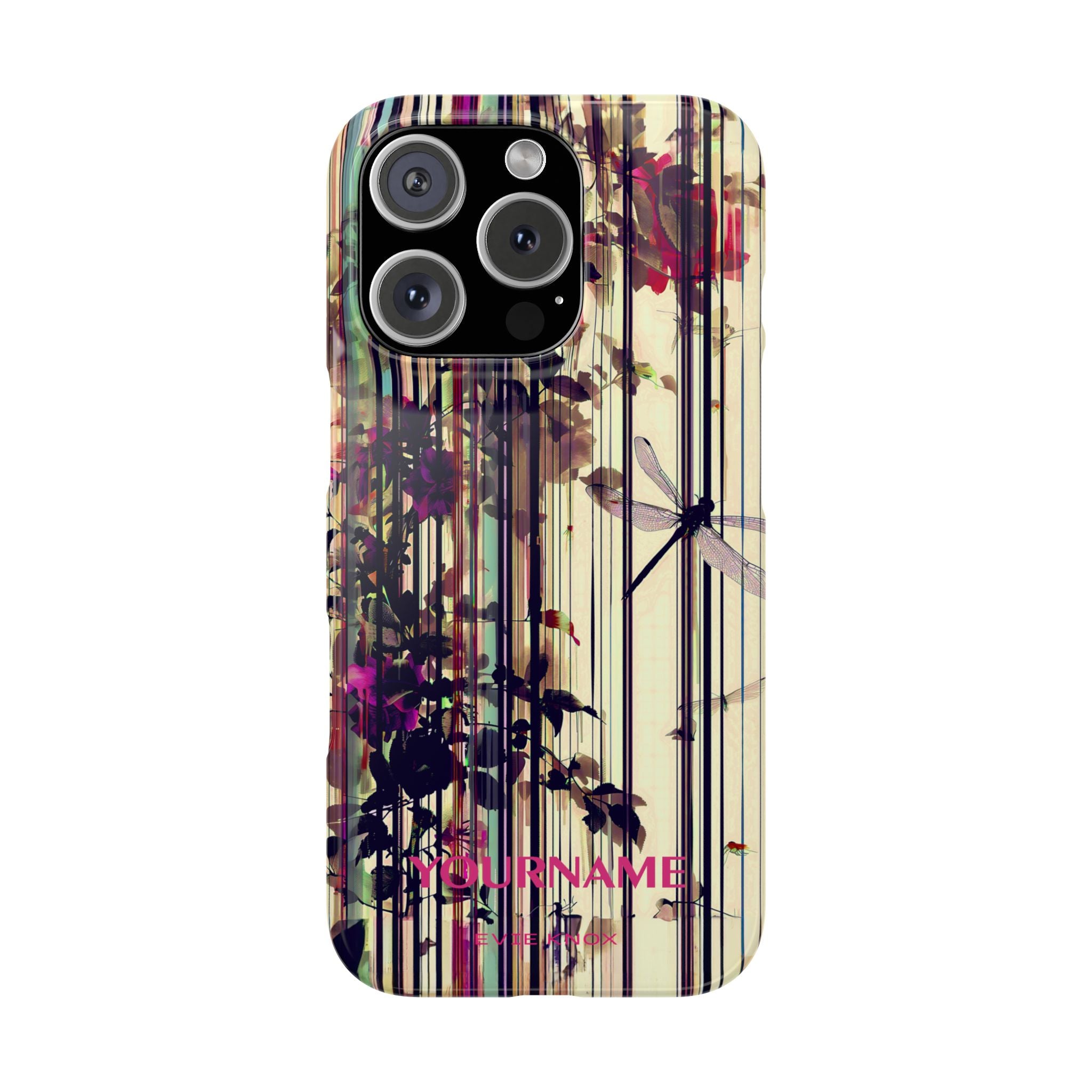 Floral Stripes Slim Phone Case — Vintage Botanical Dragonfly Design