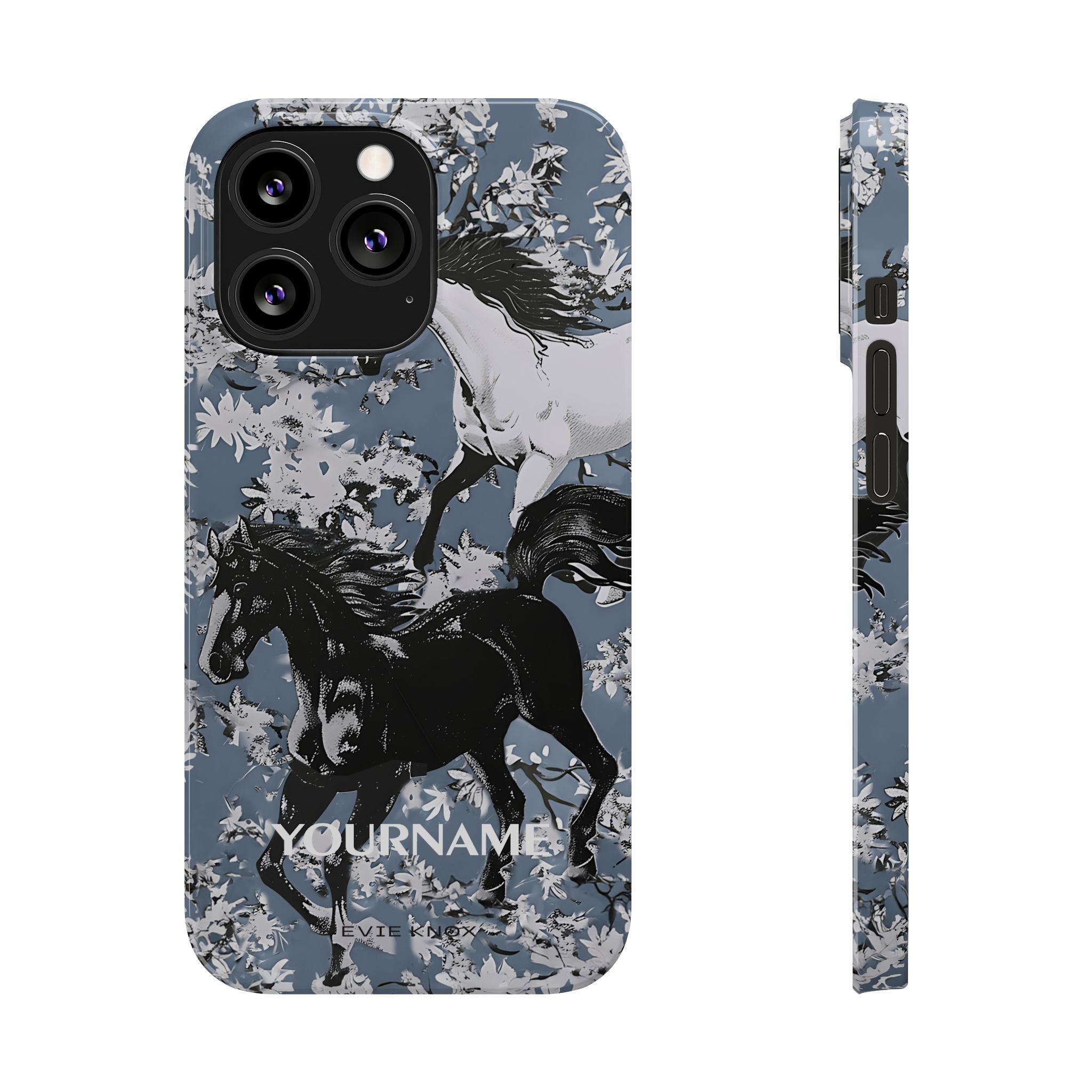 Horses on Dusty Blue Floral Pattern Slim Phone Case - Personalizable iPhone Case