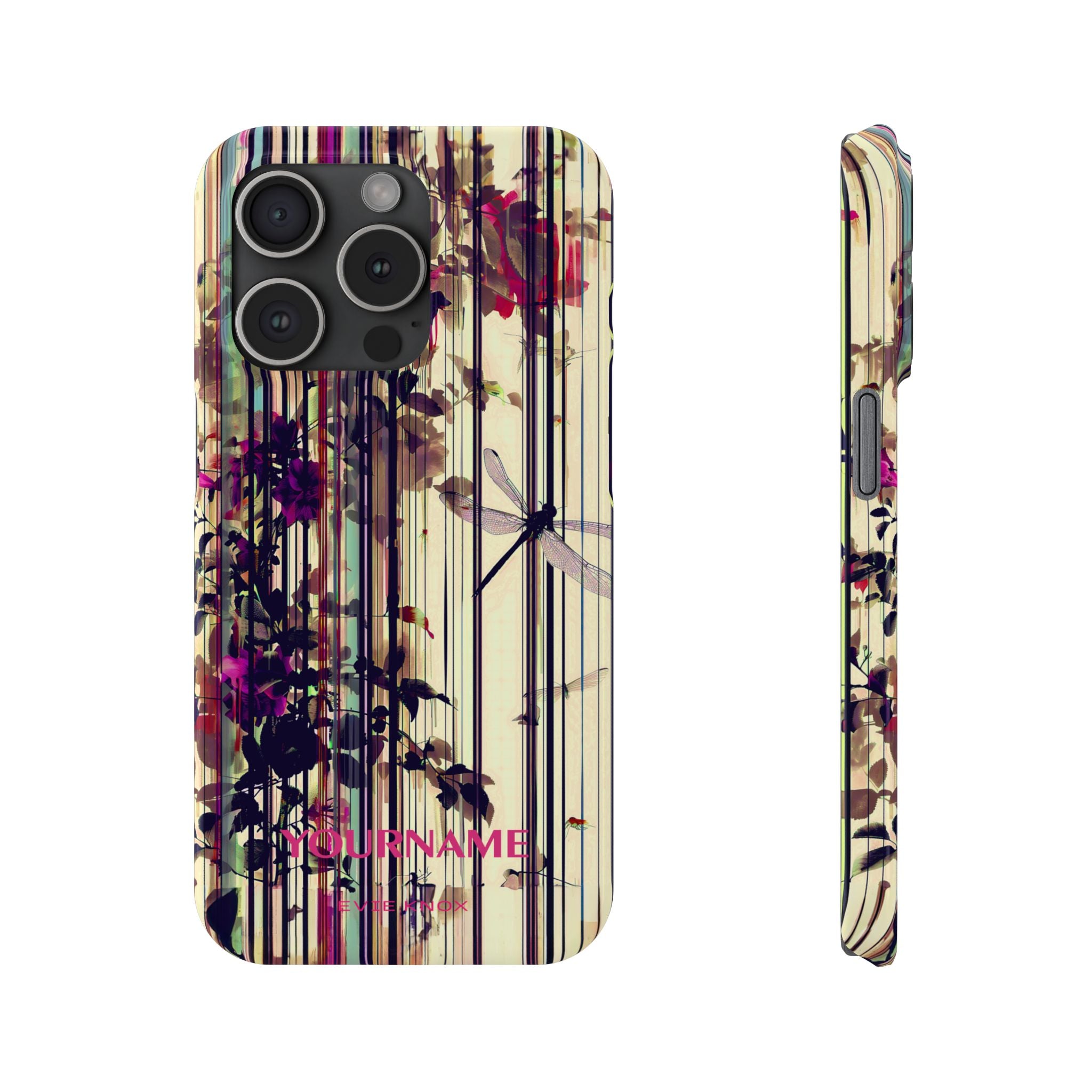 Floral Stripes Slim Phone Case — Vintage Botanical Dragonfly Design