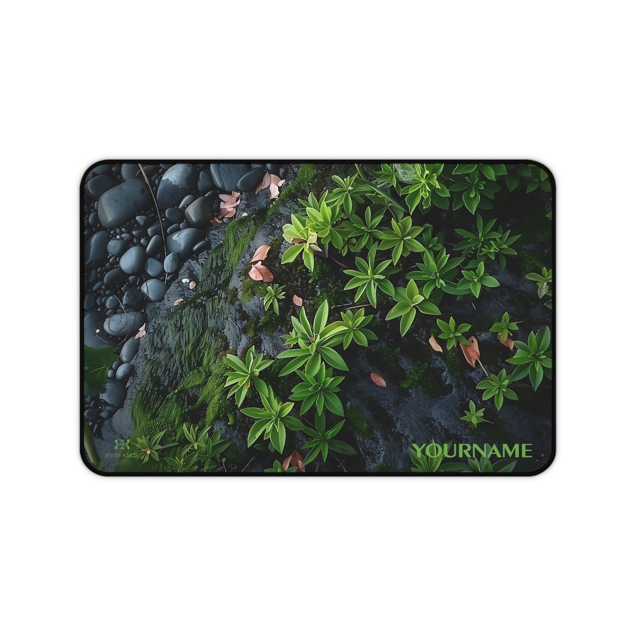 Black Pebbles and Plants Desk Mat — Botanical Zen Mouse Pad