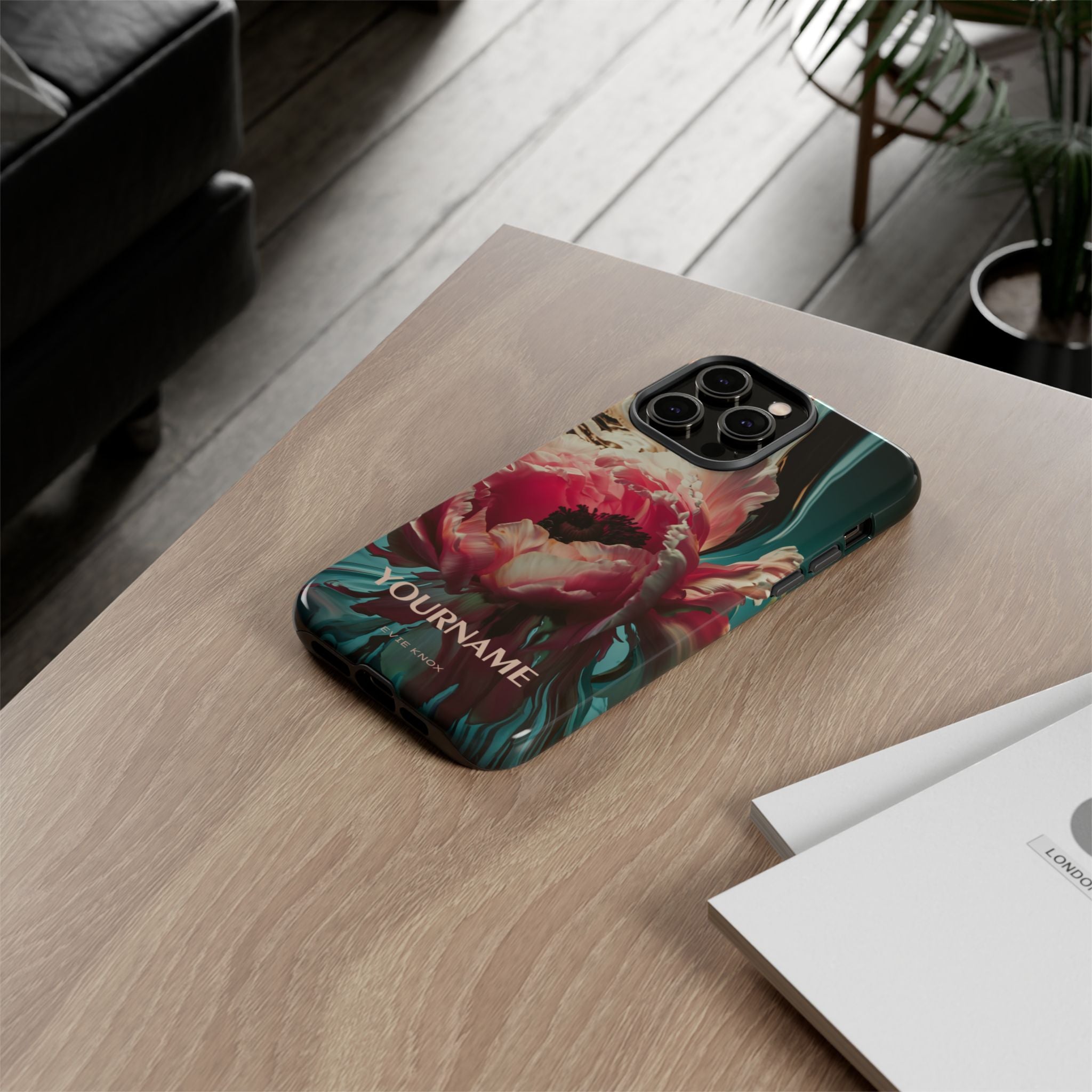 Floral Splash Tough Phone Case — Dark Teal & Pink Peony Design