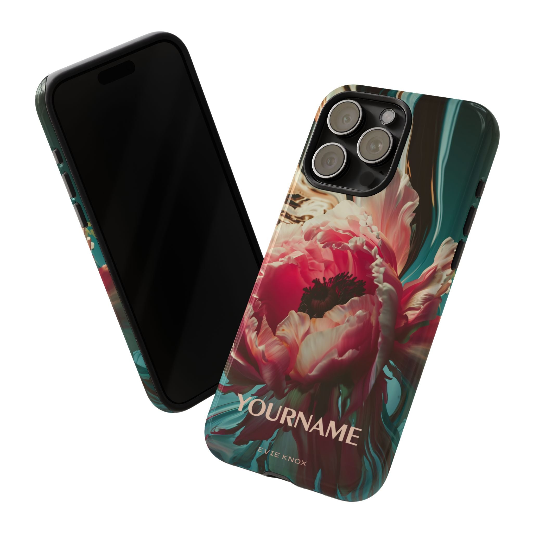 Floral Splash Tough Phone Case — Dark Teal & Pink Peony Design