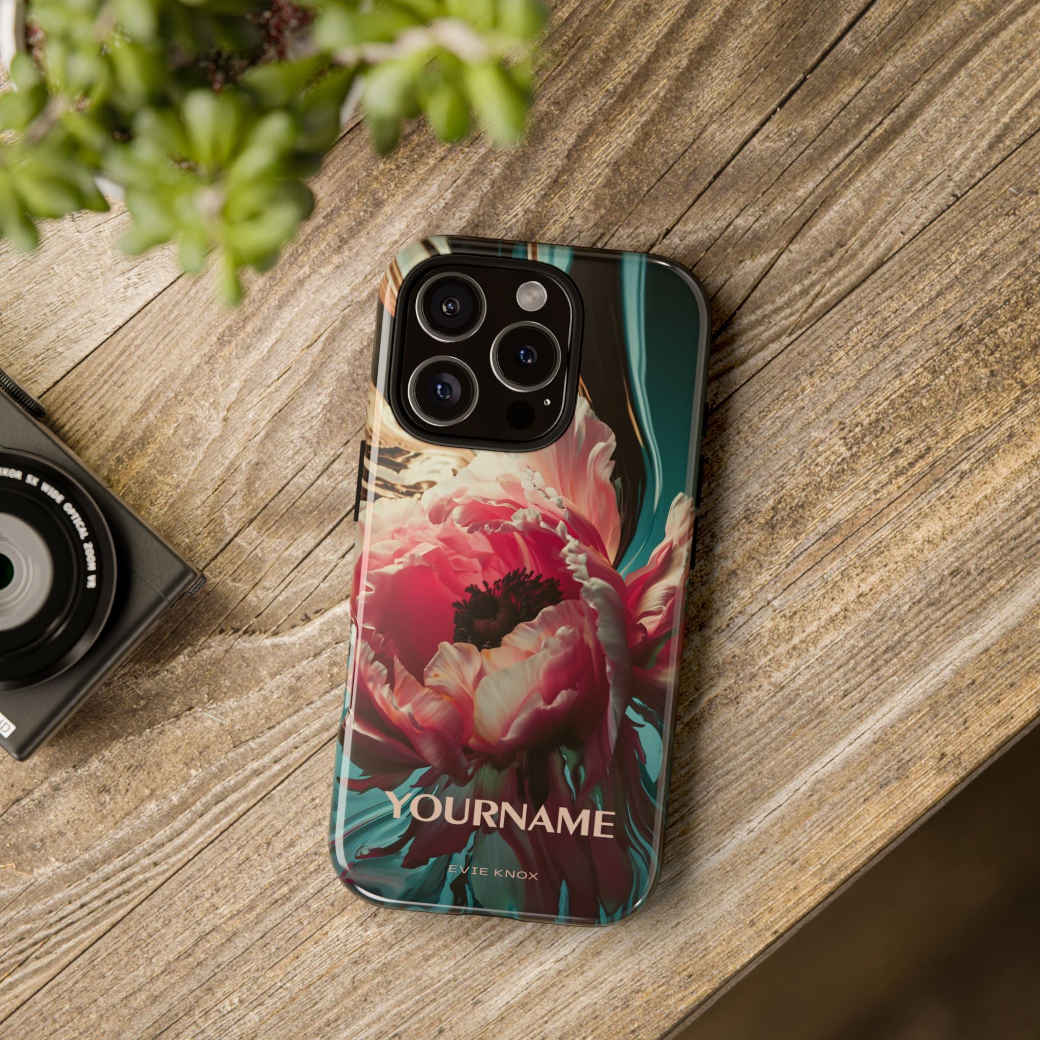 Floral Splash Tough Phone Case — Dark Teal & Pink Peony Design