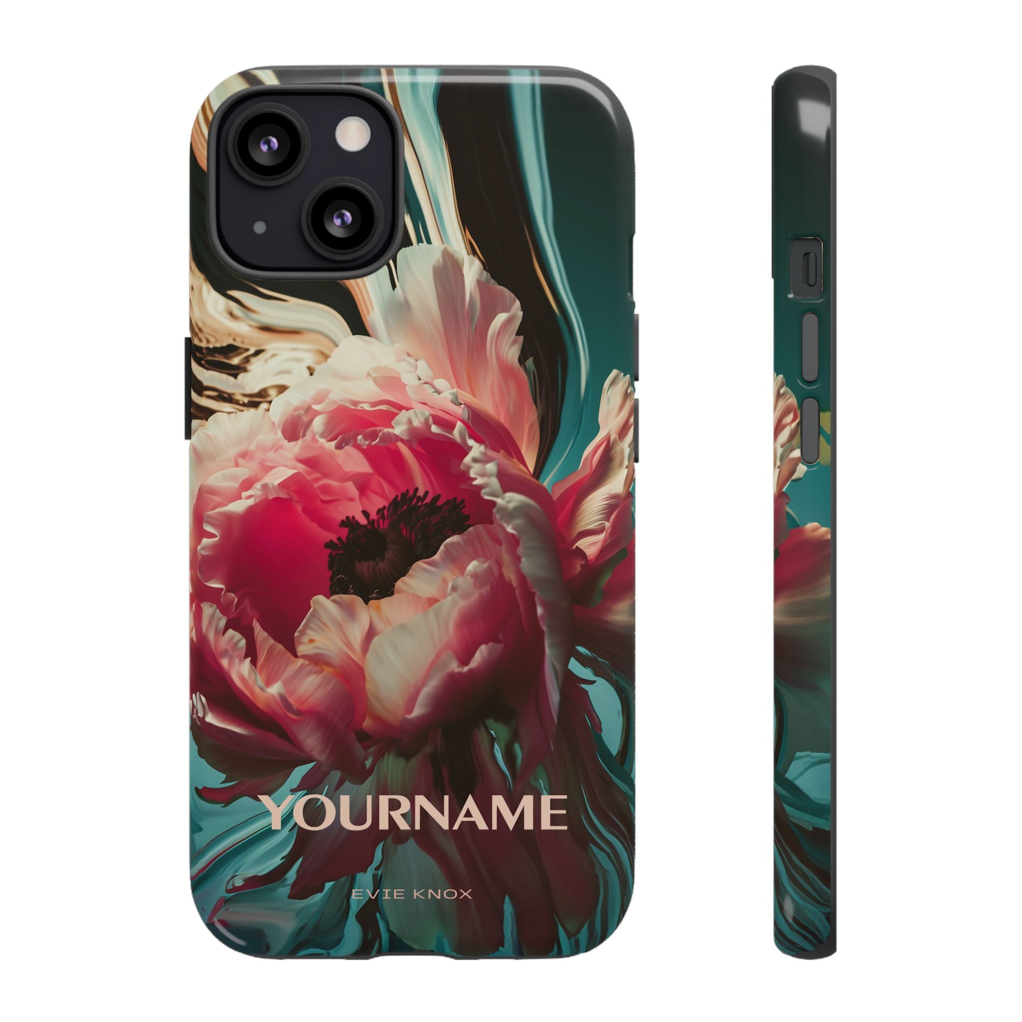 Floral Splash Tough Phone Case — Dark Teal & Pink Peony Design